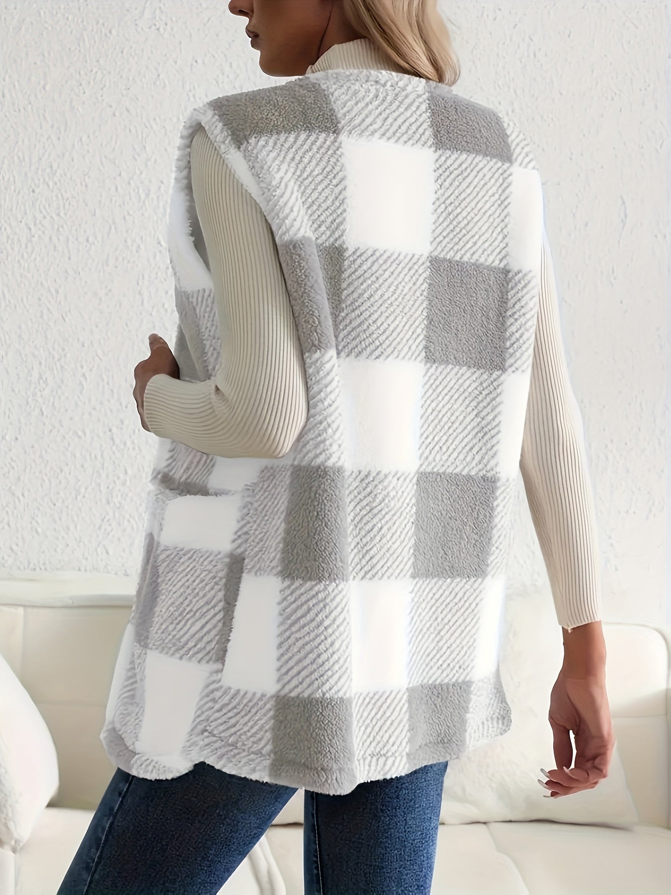 Soft Plaid Cozy Vest - Sleeveless, Open Front Design for Fall and Winter .