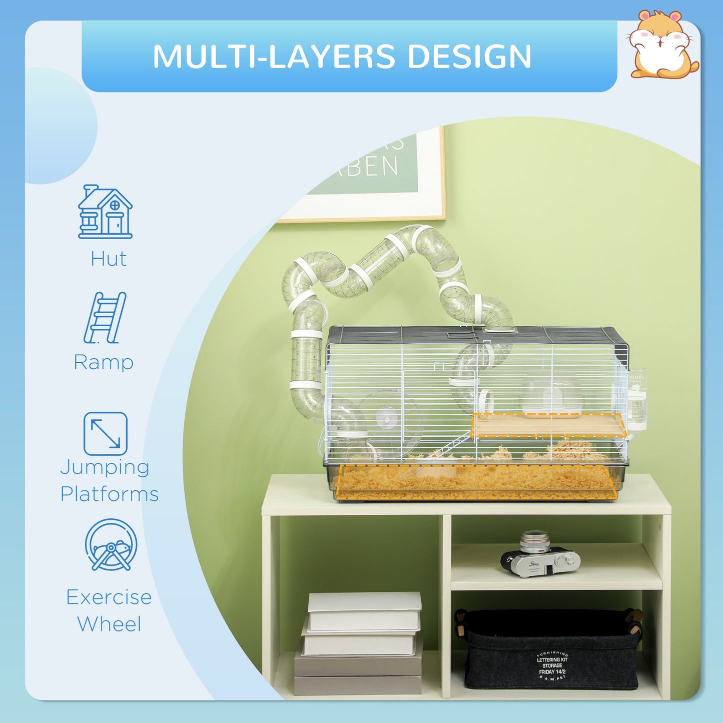 Hamster Cage, 2 Levels Gerbil Cage, Small Animal Cage with Tubes and Tunnels and Exercise Wheel.