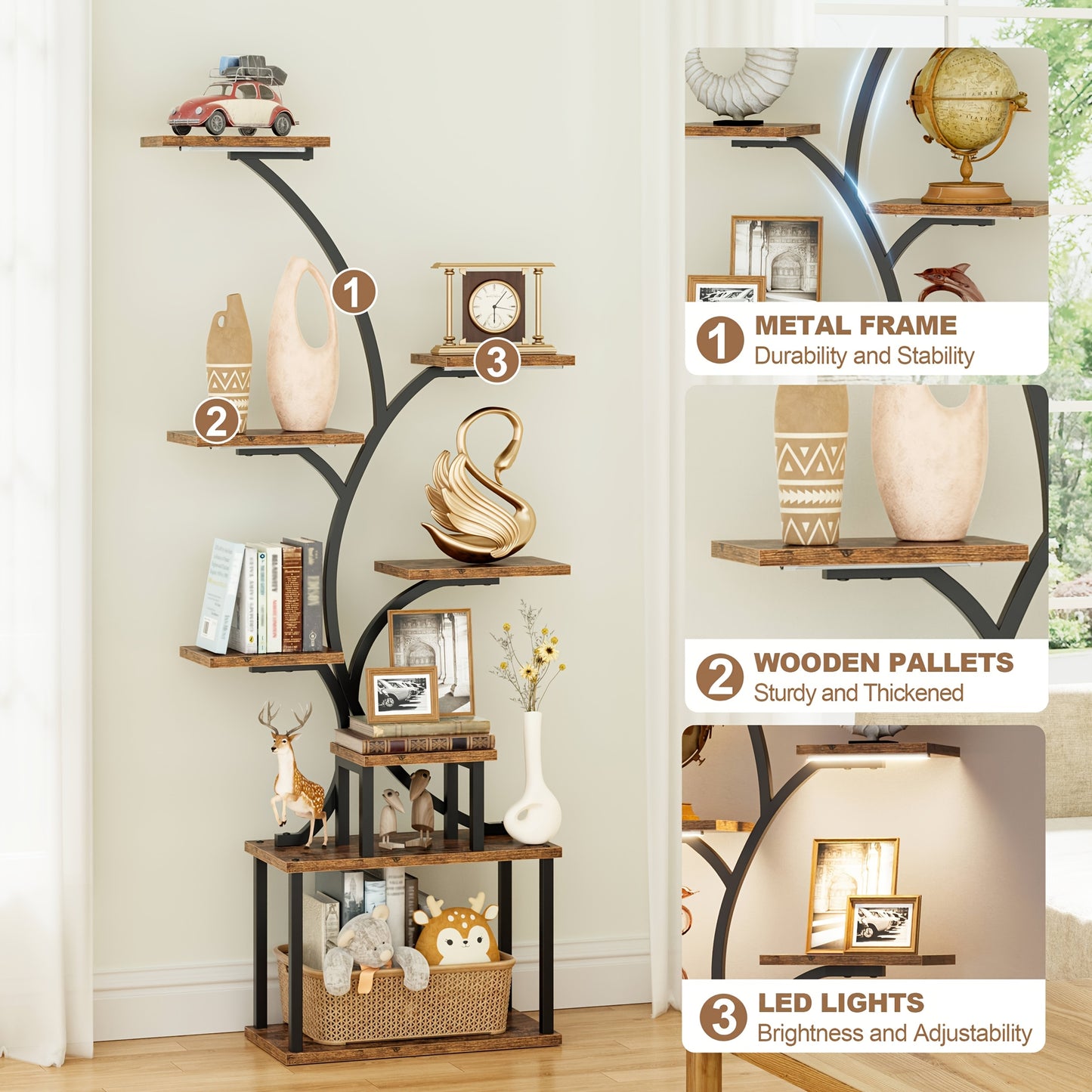 8 Tier Corner Shelf 6'2' tall oak and Metal Material LED Light, Multifunctional Storage Rack