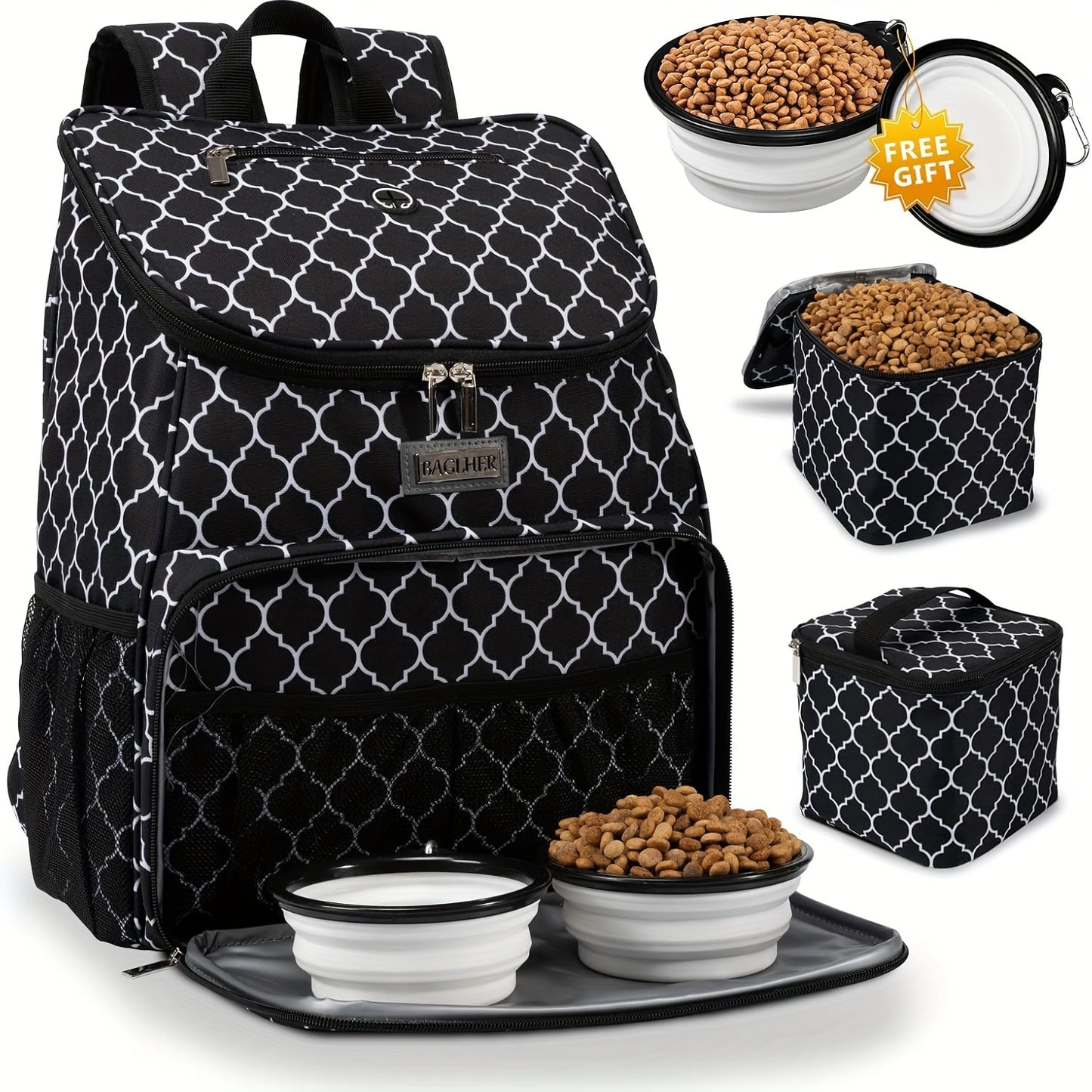 Pet Travel Bag, Double-Layer Backpack Pet With 2 Silicone Collapsible Bowls And 2 Food Baskets