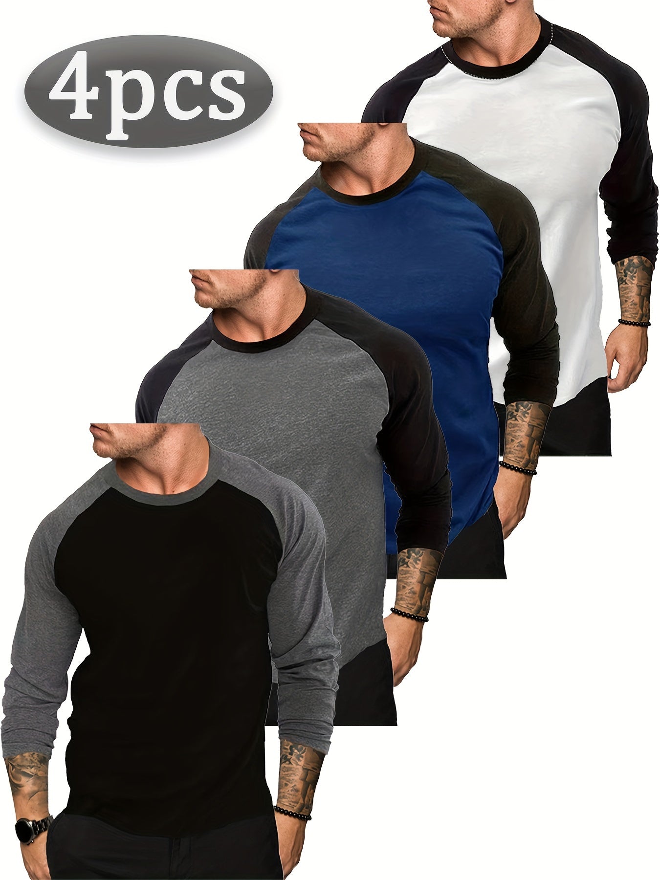 4pcs Men's Raglan Long Sleeve T-Shirts