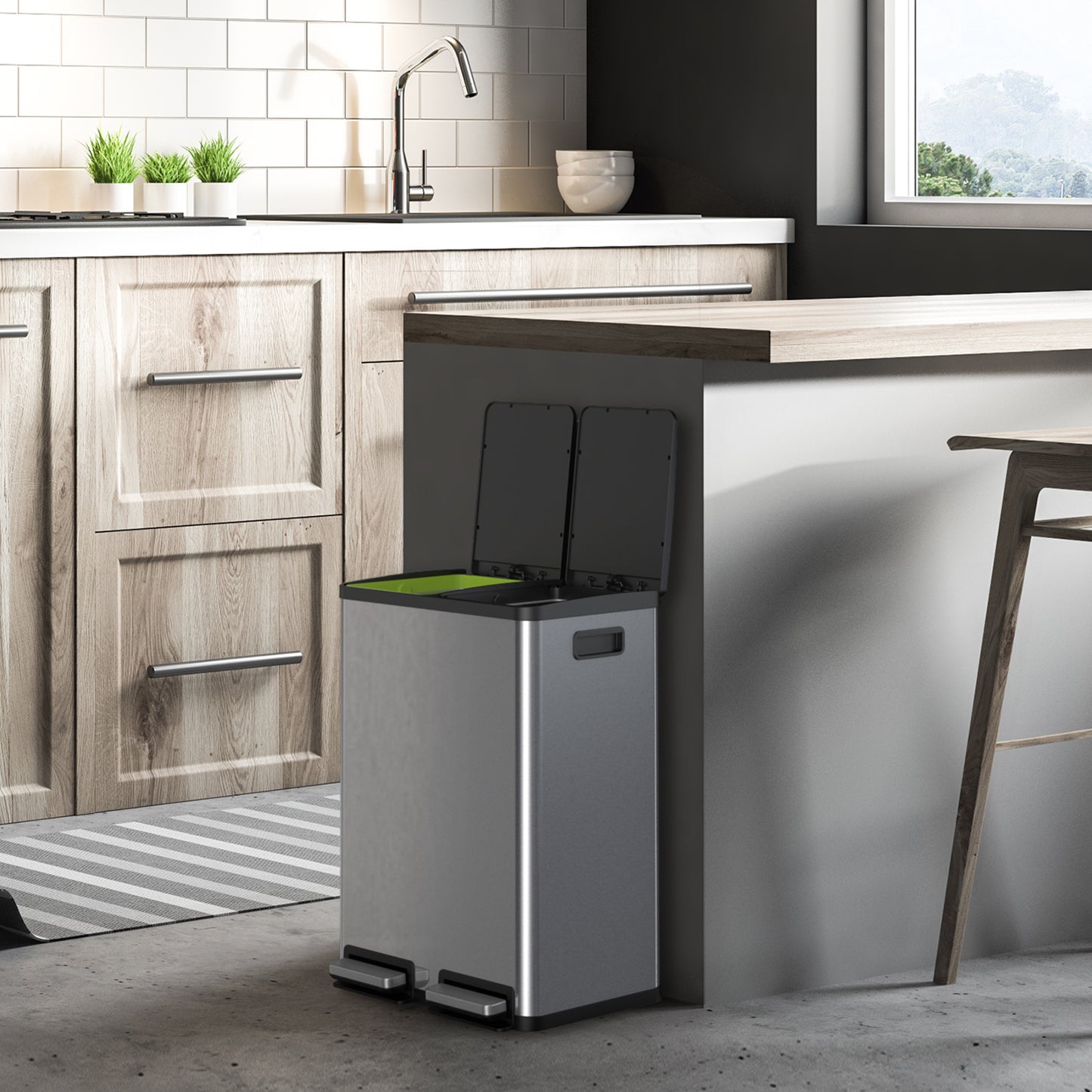 60L Trash Can with Lid, Silver Modern Kitchen Trash Can with Recycling Ladder