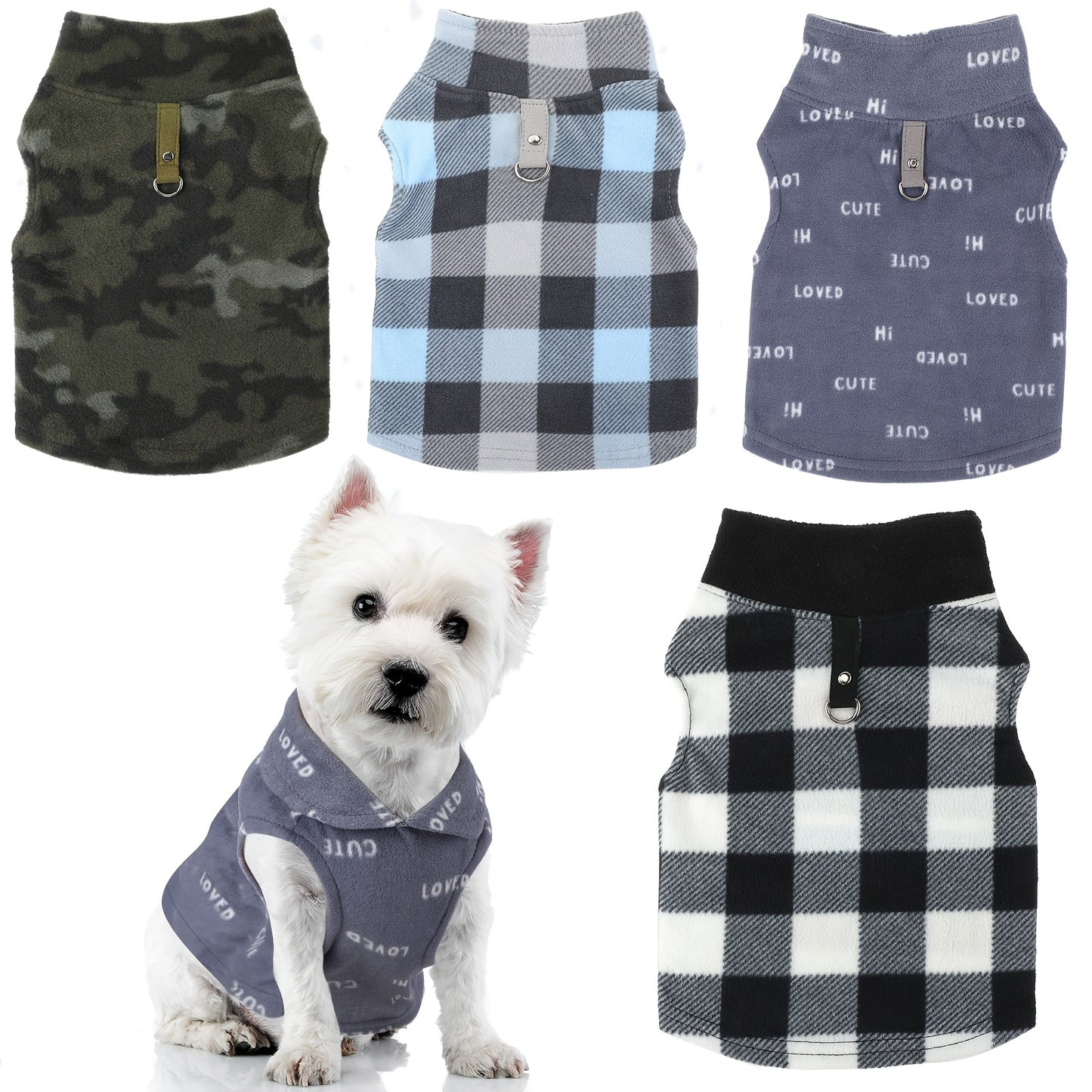 4pcs Winter Fabric Dog Sweater with Leash Ring Soft Fleece Vest