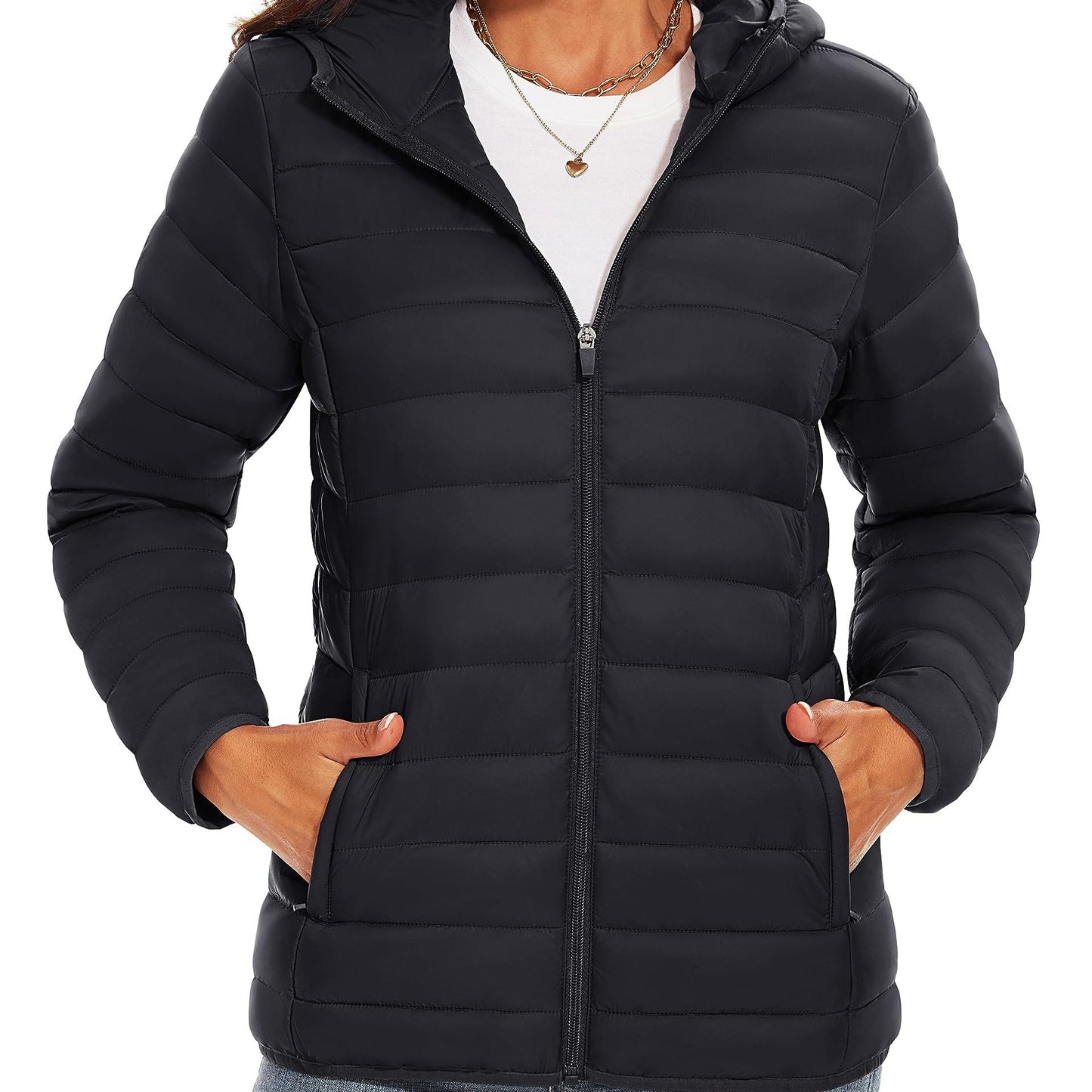 4 Pockets Water Resistant Women's Hooded Puffer Jackets