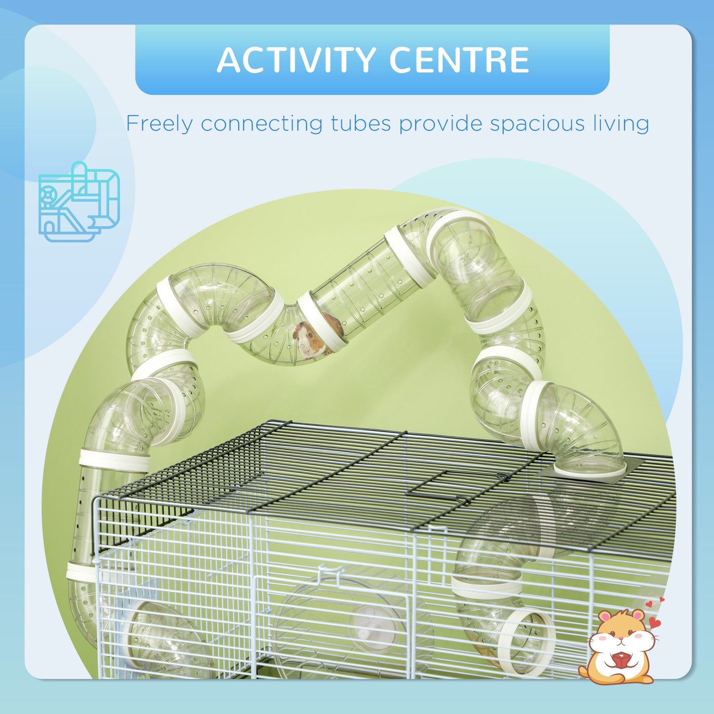 Hamster Cage, 2 Levels Gerbil Cage, Small Animal Cage with Tubes and Tunnels and Exercise Wheel.