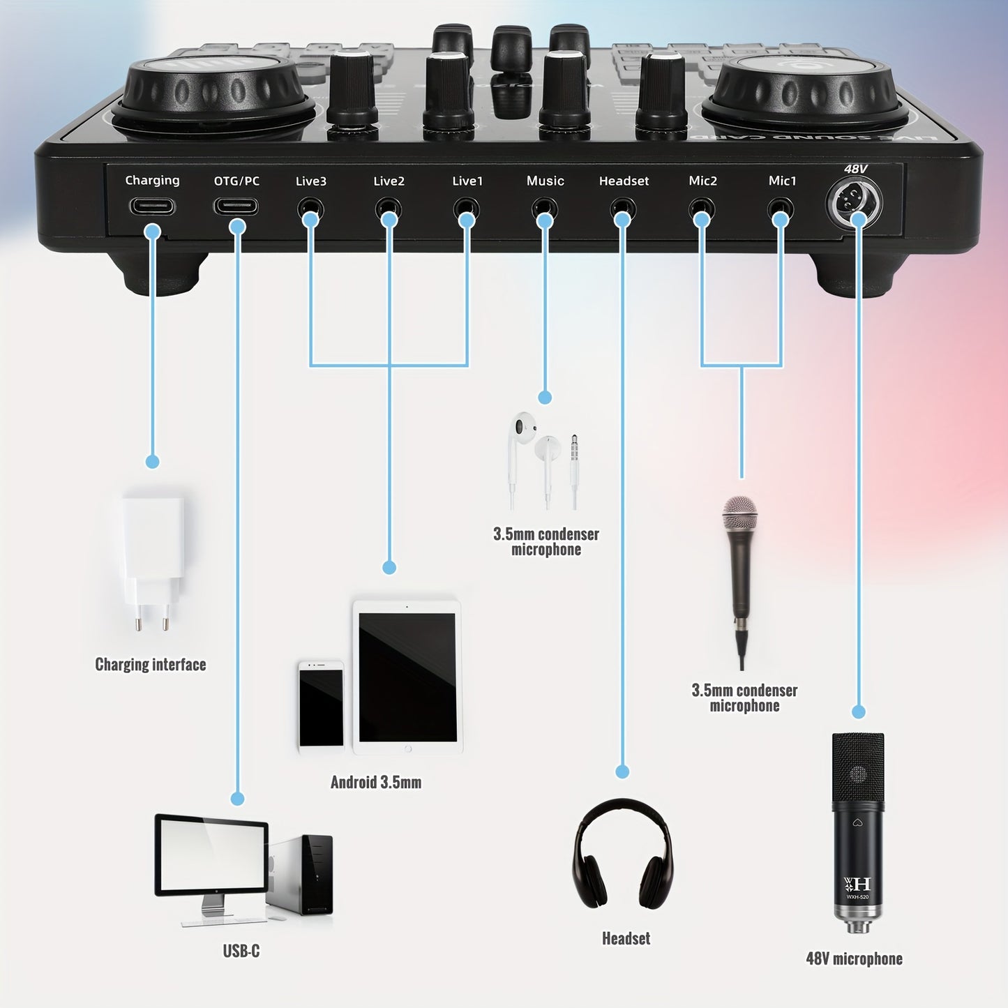 Large Diaphragm Condenser Microphone Bundle: Premium XLR Podcast with Live Sound Card for Studio Recording & Broadcasting