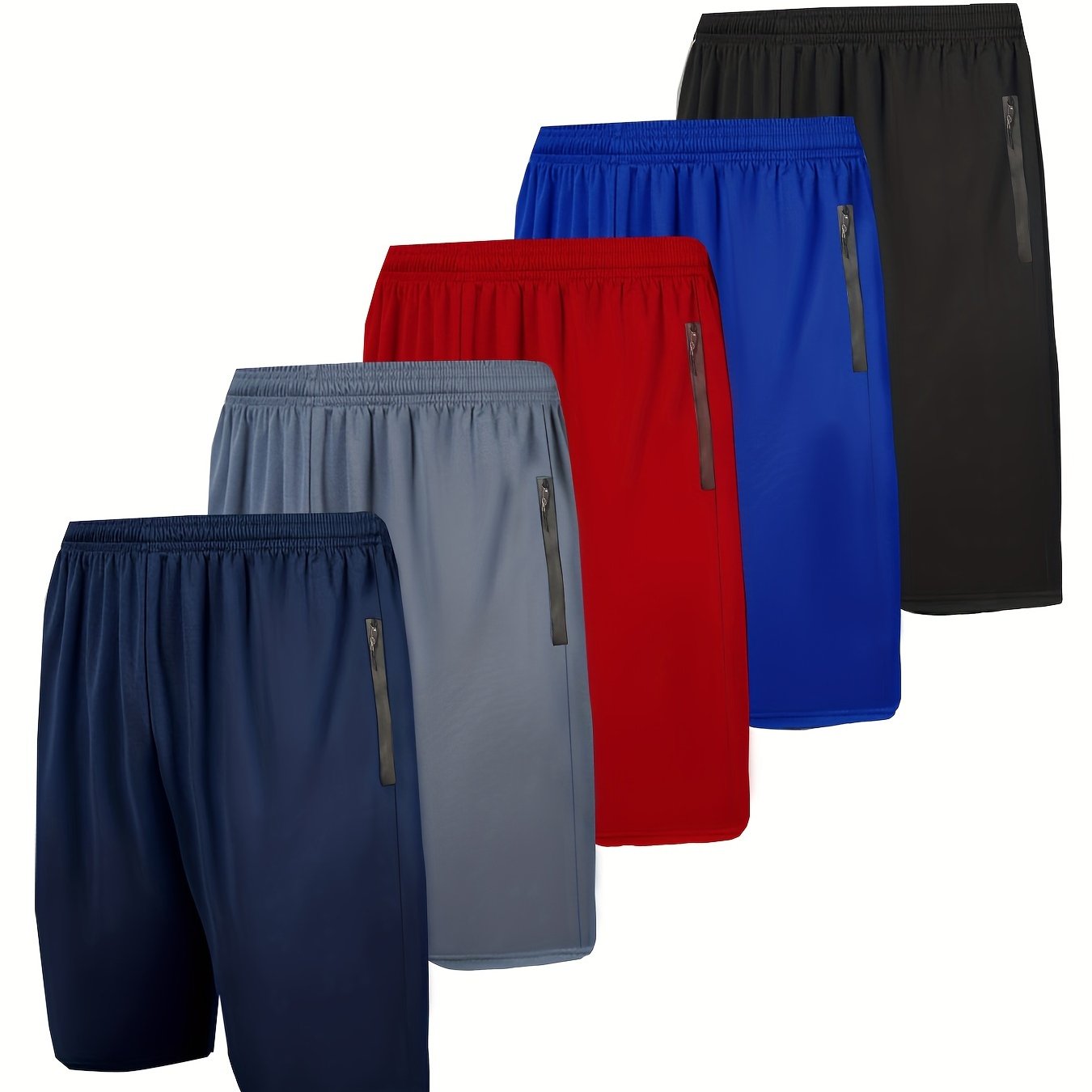 5pcs Men's Polyester Sports Shorts, Loose Fit with Zip Pockets,, Quick Dry