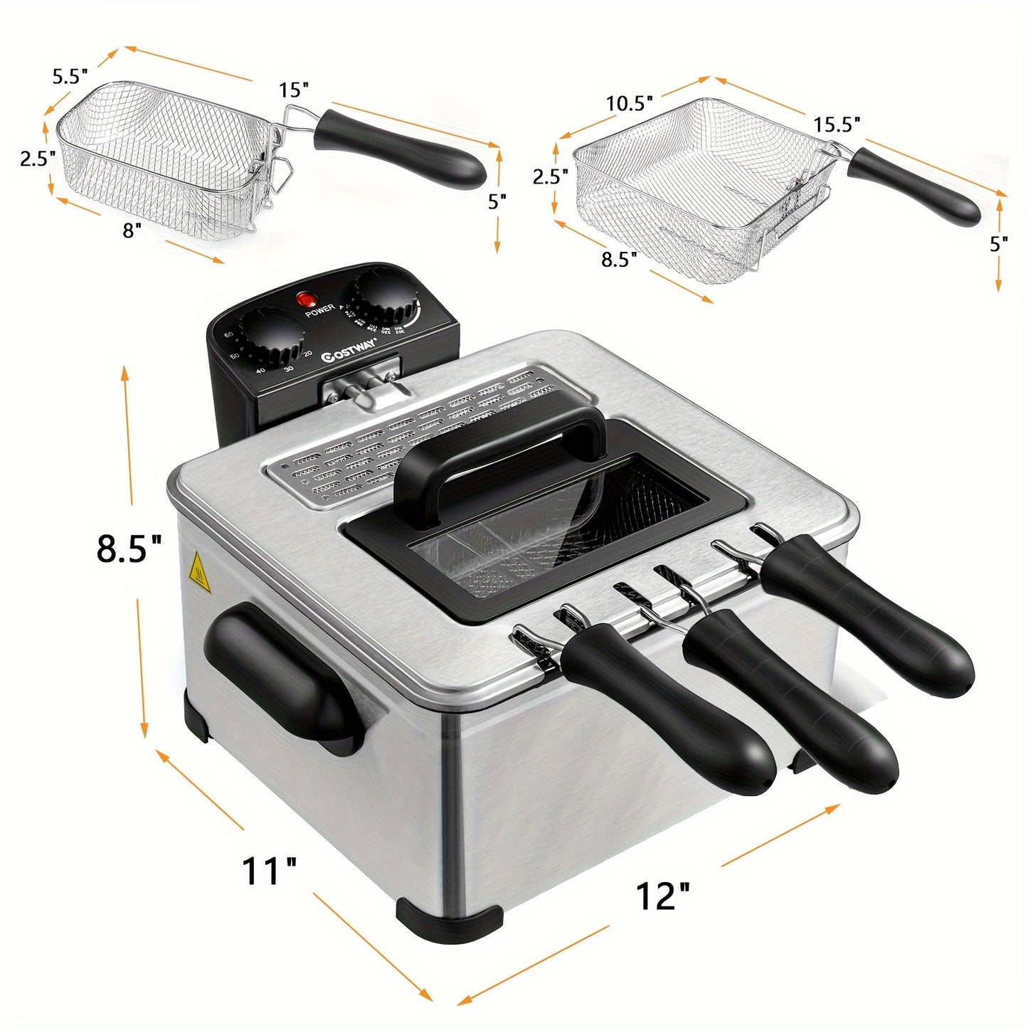 Stainless Steel Electric Deep Fryer - 5.3QT/21-Cup Triple Basket