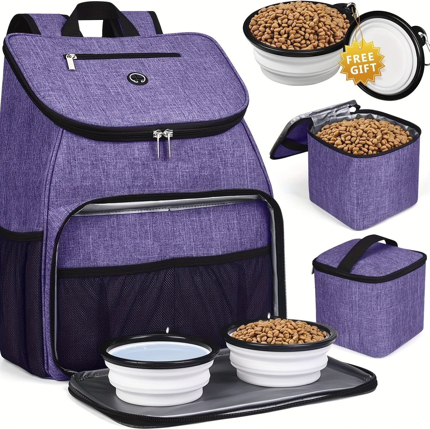 Pet Travel Bag, Double-Layer Backpack Pet With 2 Silicone Collapsible Bowls And 2 Food Baskets