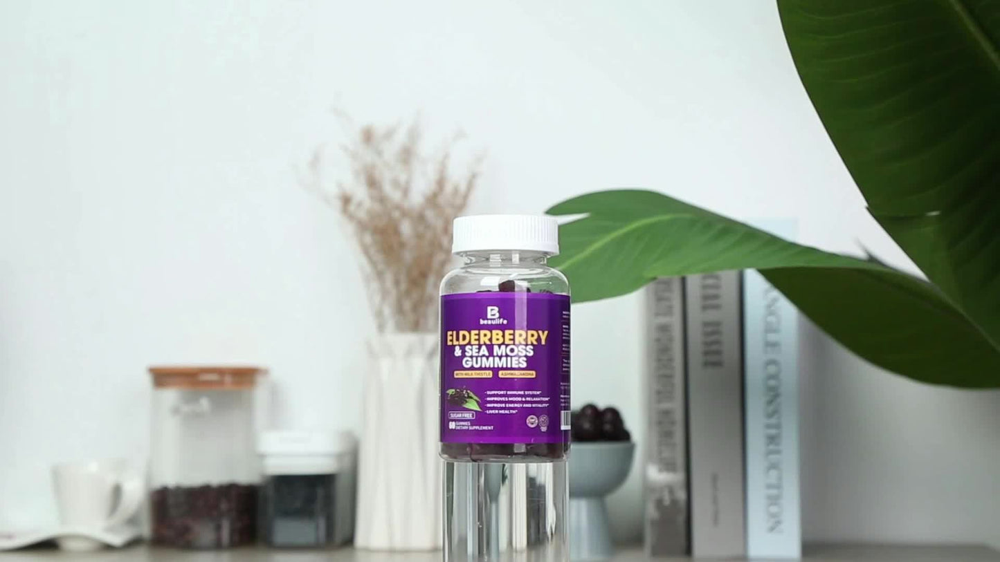 3 Bottle Elderberry & Sea Moss Gummies, Black Sambucus Elderberry with Zinc And Vitamin C, D3, Milk Thistle, Ashwagandha, Elderberry Gummy