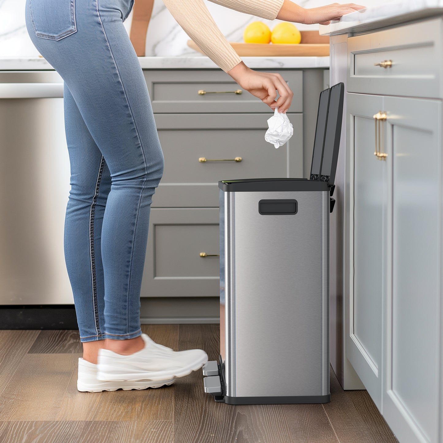 60L Trash Can with Lid, Silver Modern Kitchen Trash Can with Recycling Ladder