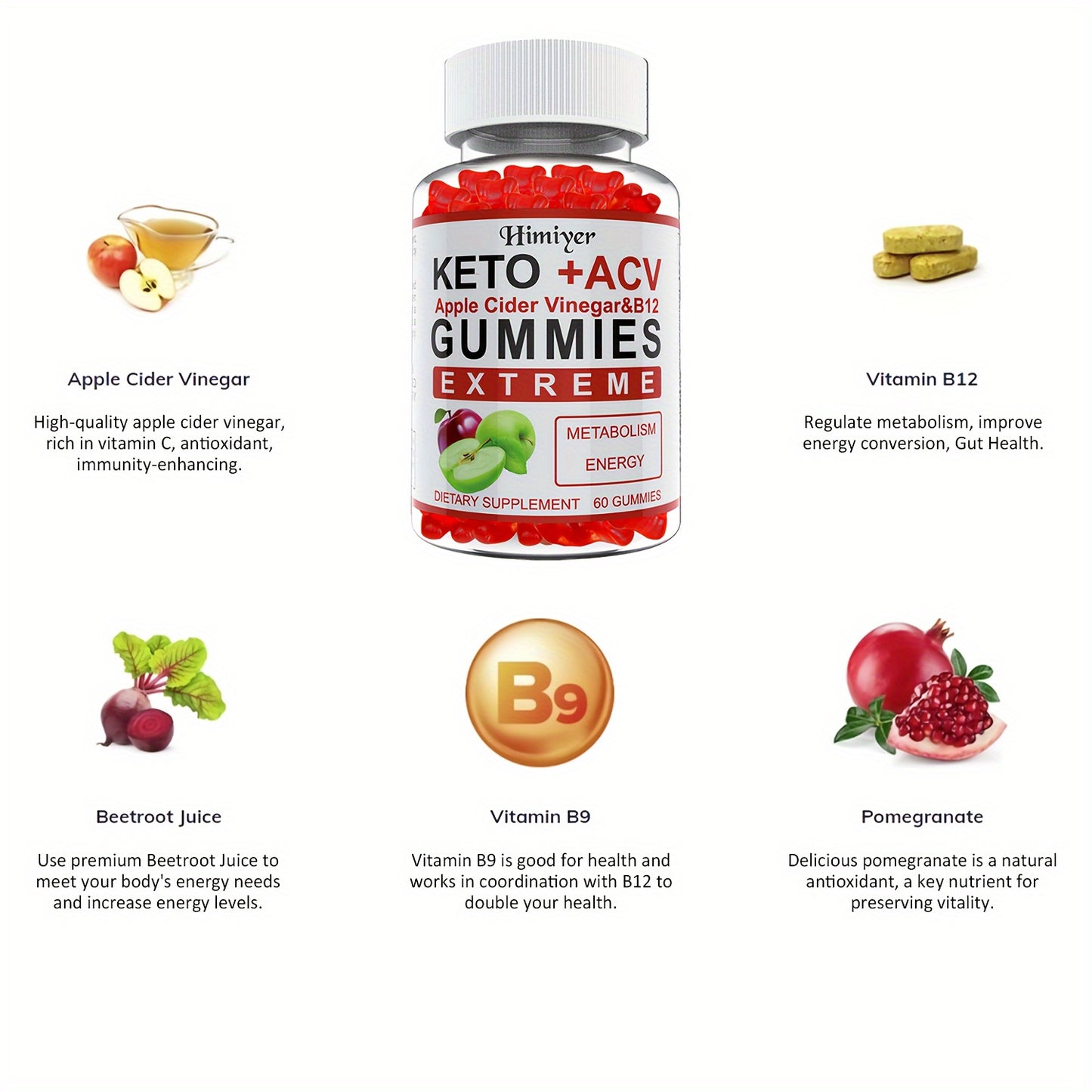 5pcs Keto Gummies with ACV, B12 & B6, Metabolism Boosting Multivitamin .