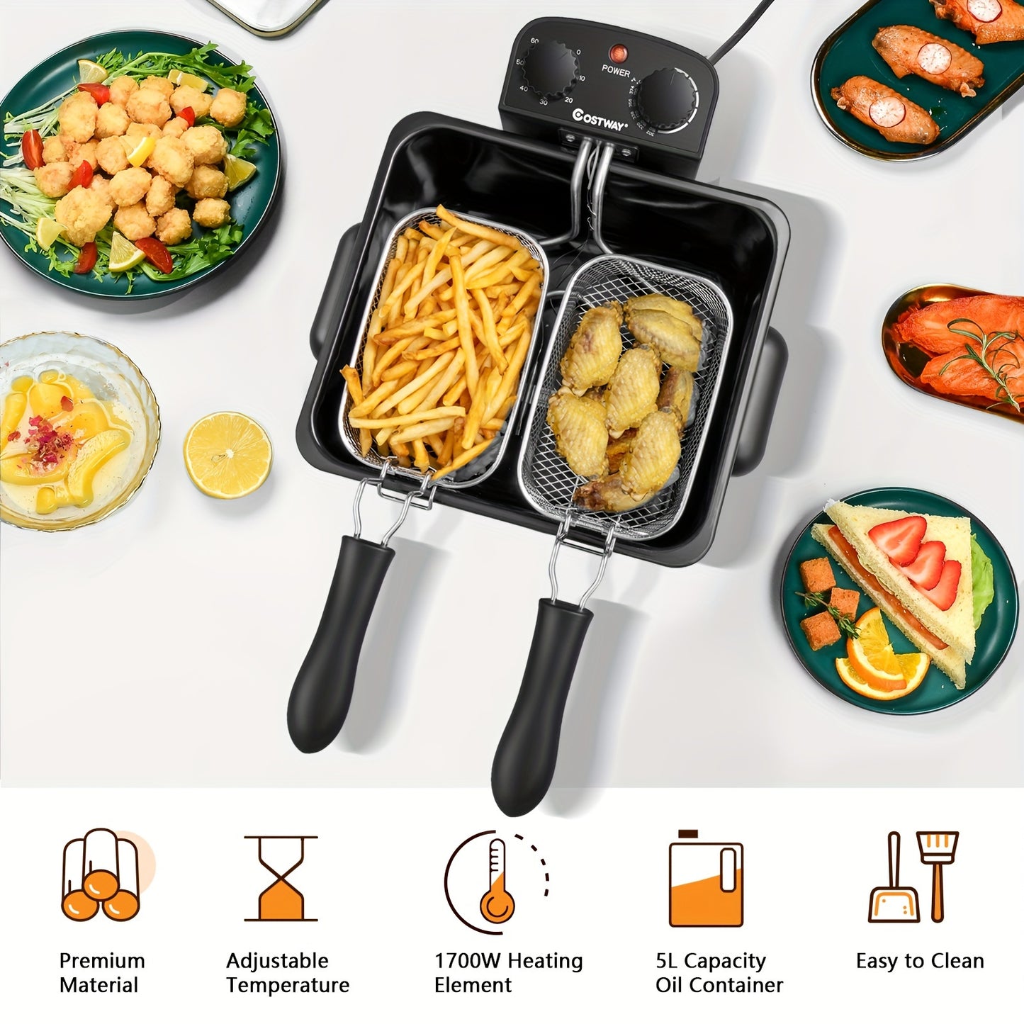 Stainless Steel Electric Deep Fryer - 5.3QT/21-Cup Triple Basket