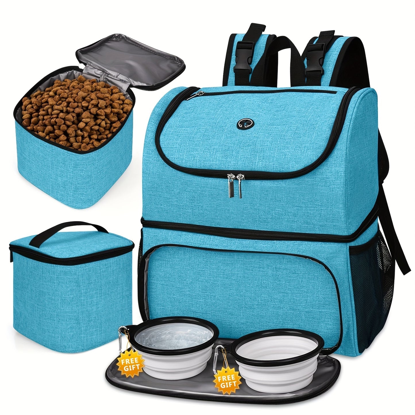 Pet Travel Bag, Double-Layer Backpack Pet With 2 Silicone Collapsible Bowls And 2 Food Baskets