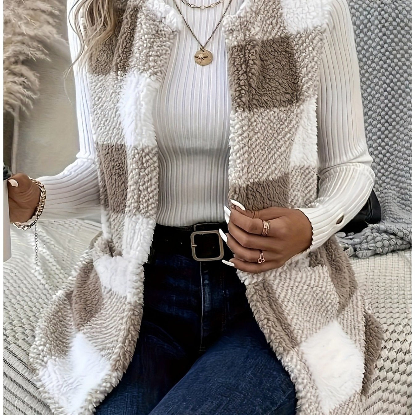 Soft Plaid Cozy Vest - Sleeveless, Open Front Design for Fall and Winter .