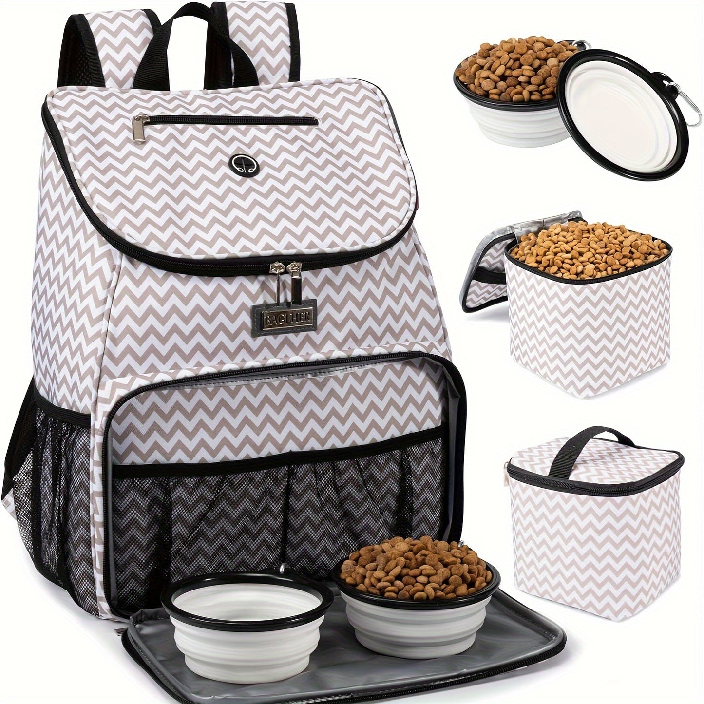 Pet Travel Bag, Double-Layer Backpack Pet With 2 Silicone Collapsible Bowls And 2 Food Baskets