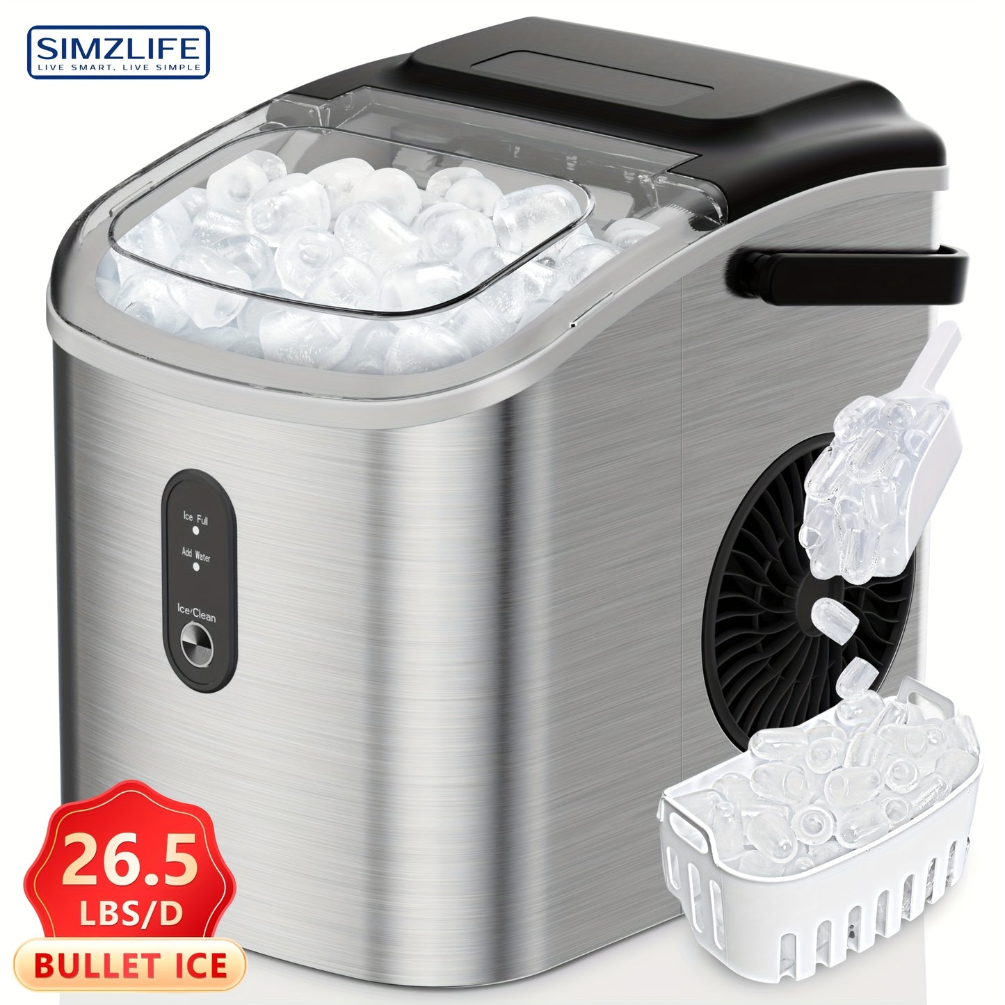 Countertop Ice Maker Machine with Handle, 26.5lbs/24H Capacity,