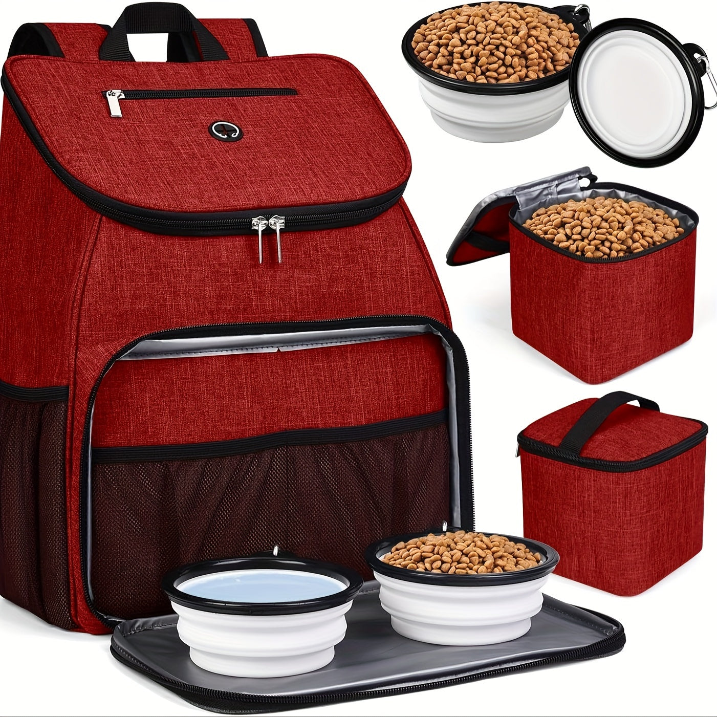 Pet Travel Bag, Double-Layer Backpack Pet With 2 Silicone Collapsible Bowls And 2 Food Baskets