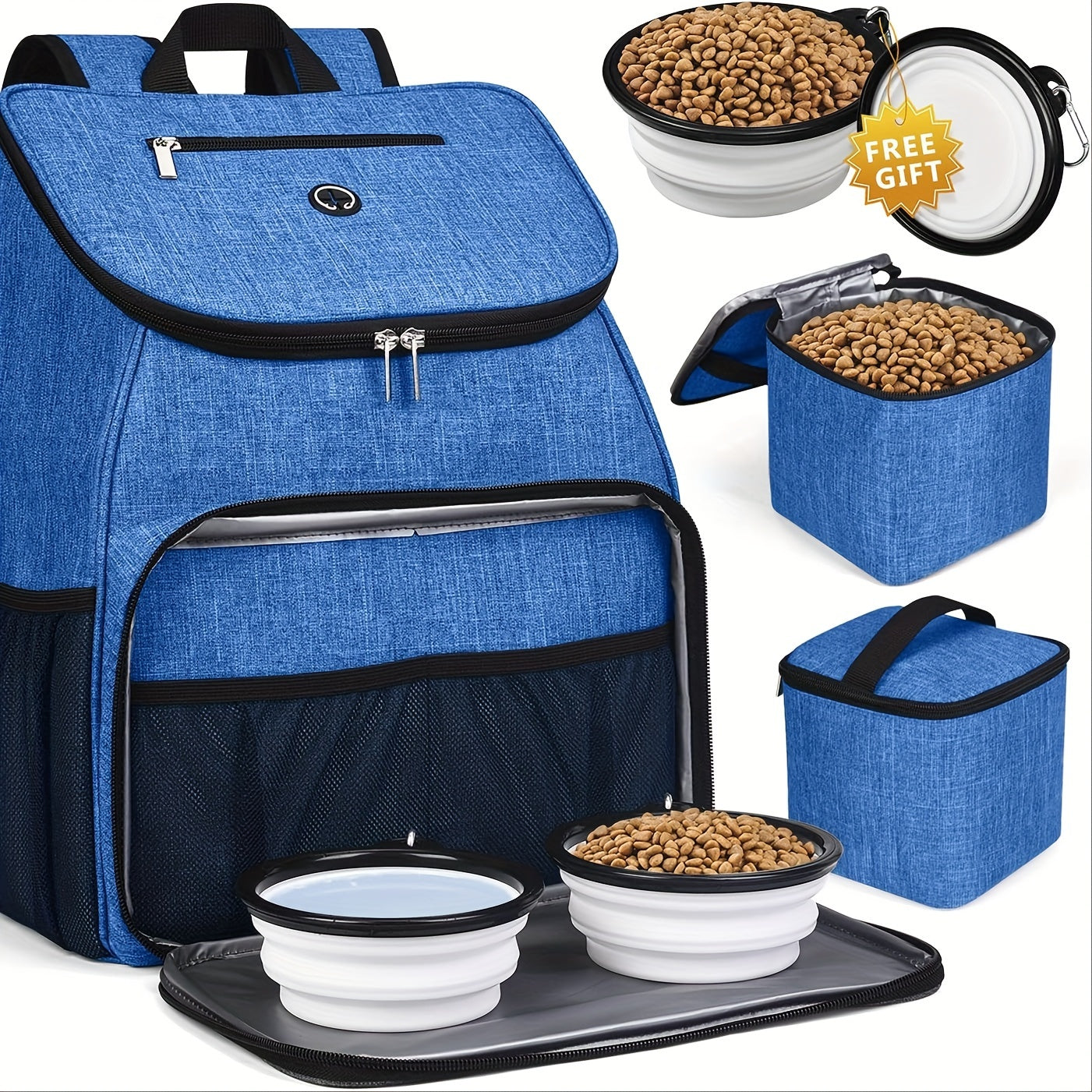 Pet Travel Bag, Double-Layer Backpack Pet With 2 Silicone Collapsible Bowls And 2 Food Baskets