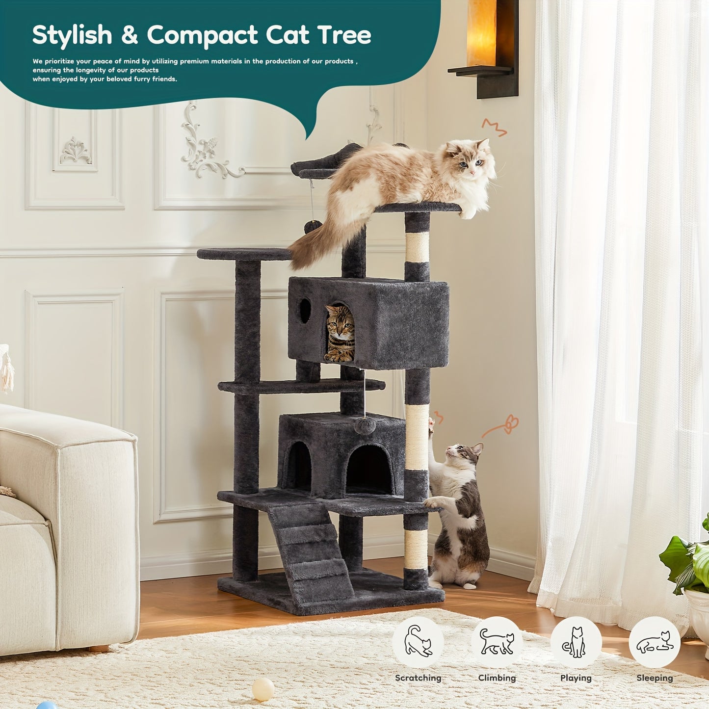 54in Cat Tree Tower, Multi-Level Plush Pet Furniture Large Condo, Climbing Ladder, Rest with Anti-tilt Device