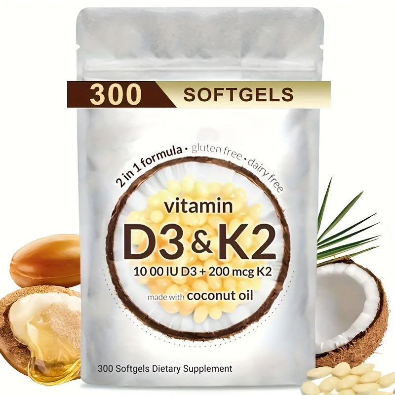Vitamin D3 & K2 Supplement Soft Capsules, 300 Capsules, 1 Capsule Per Day