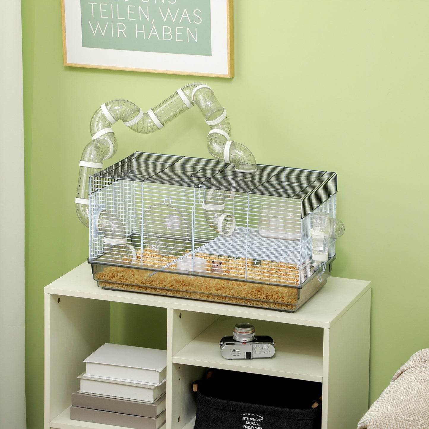 Hamster Cage, 2 Levels Gerbil Cage, Small Animal Cage with Tubes and Tunnels and Exercise Wheel.