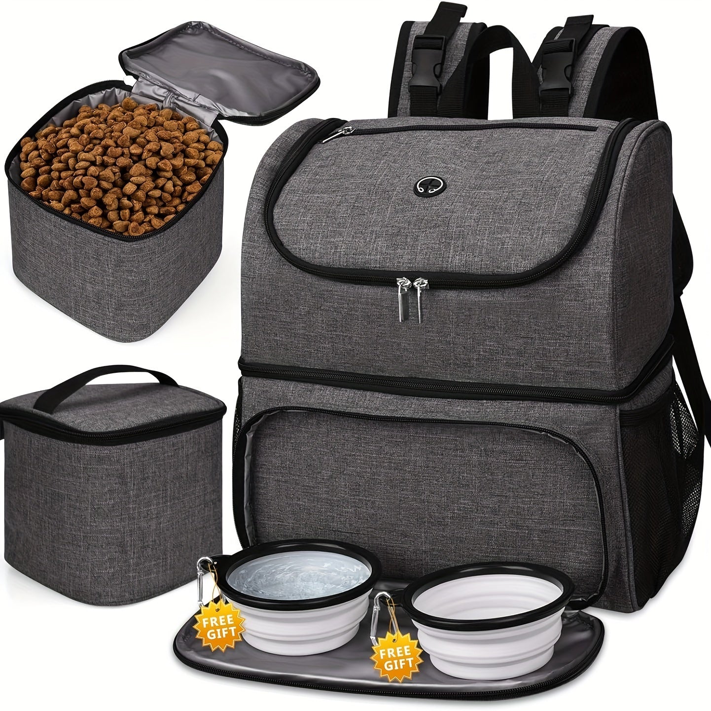 Pet Travel Bag, Double-Layer Backpack Pet With 2 Silicone Collapsible Bowls And 2 Food Baskets