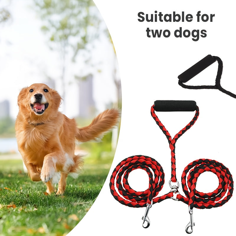 Heavy Duty Braided Double Dog Leash - Tangle-Free, Strong Nylon with Comfortable Handle for Walking .