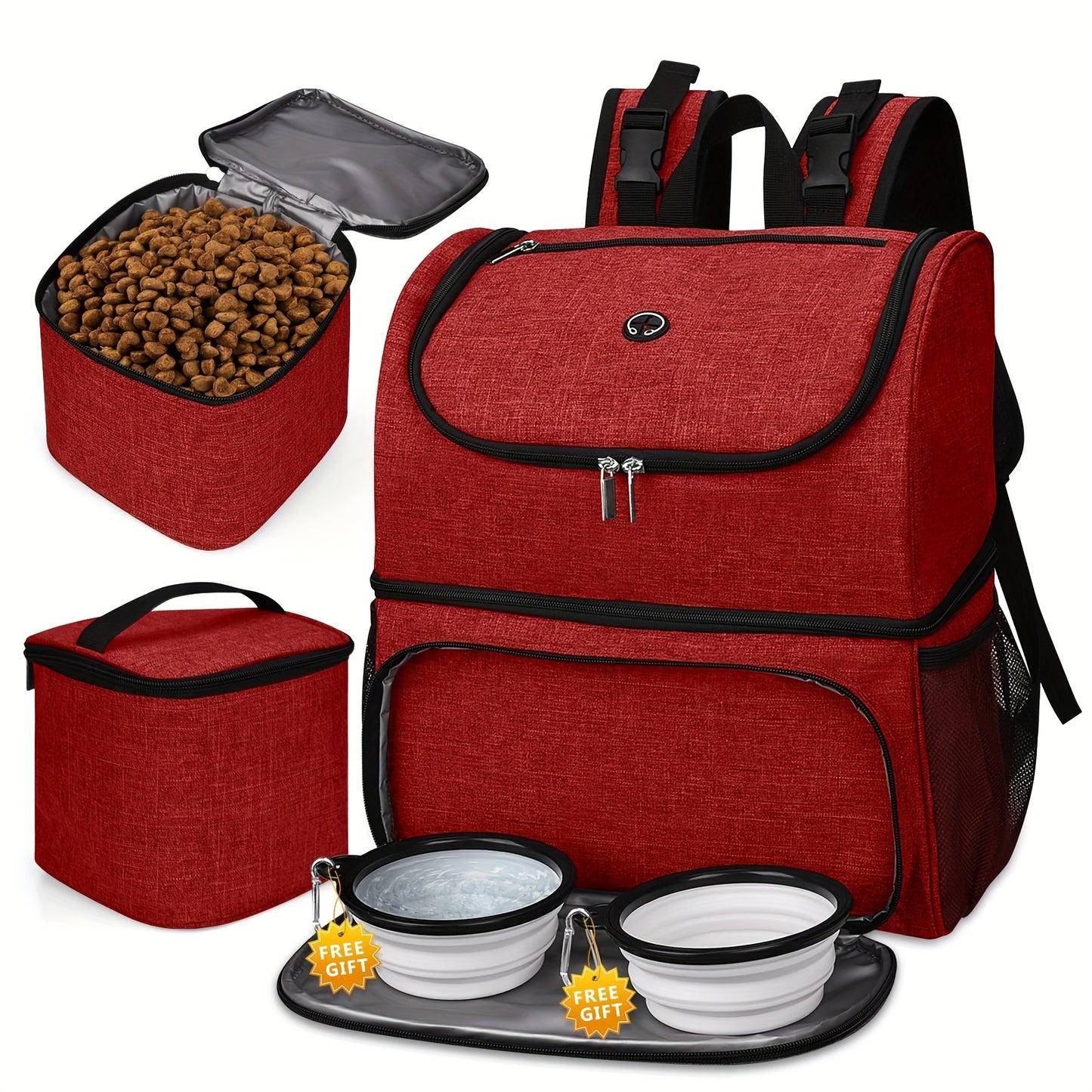 Pet Travel Bag, Double-Layer Backpack Pet With 2 Silicone Collapsible Bowls And 2 Food Baskets
