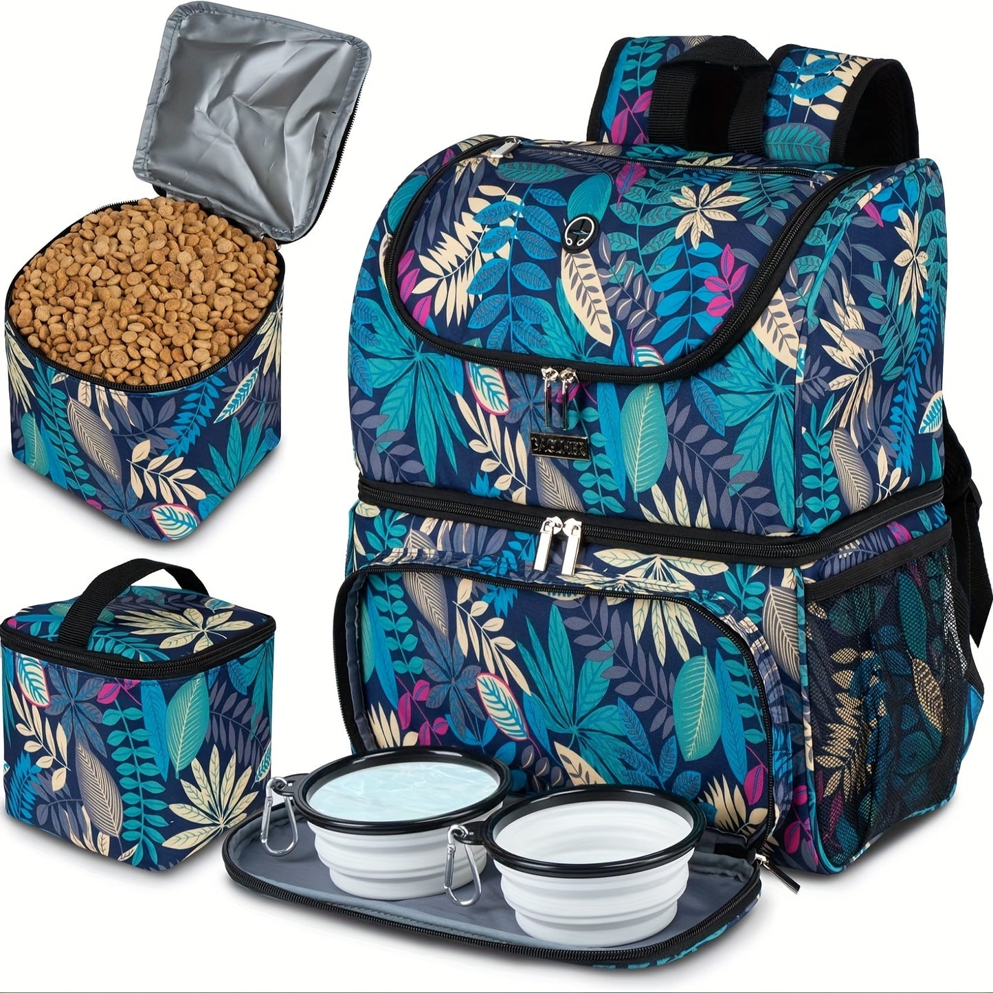 Pet Travel Bag, Double-Layer Backpack Pet With 2 Silicone Collapsible Bowls And 2 Food Baskets