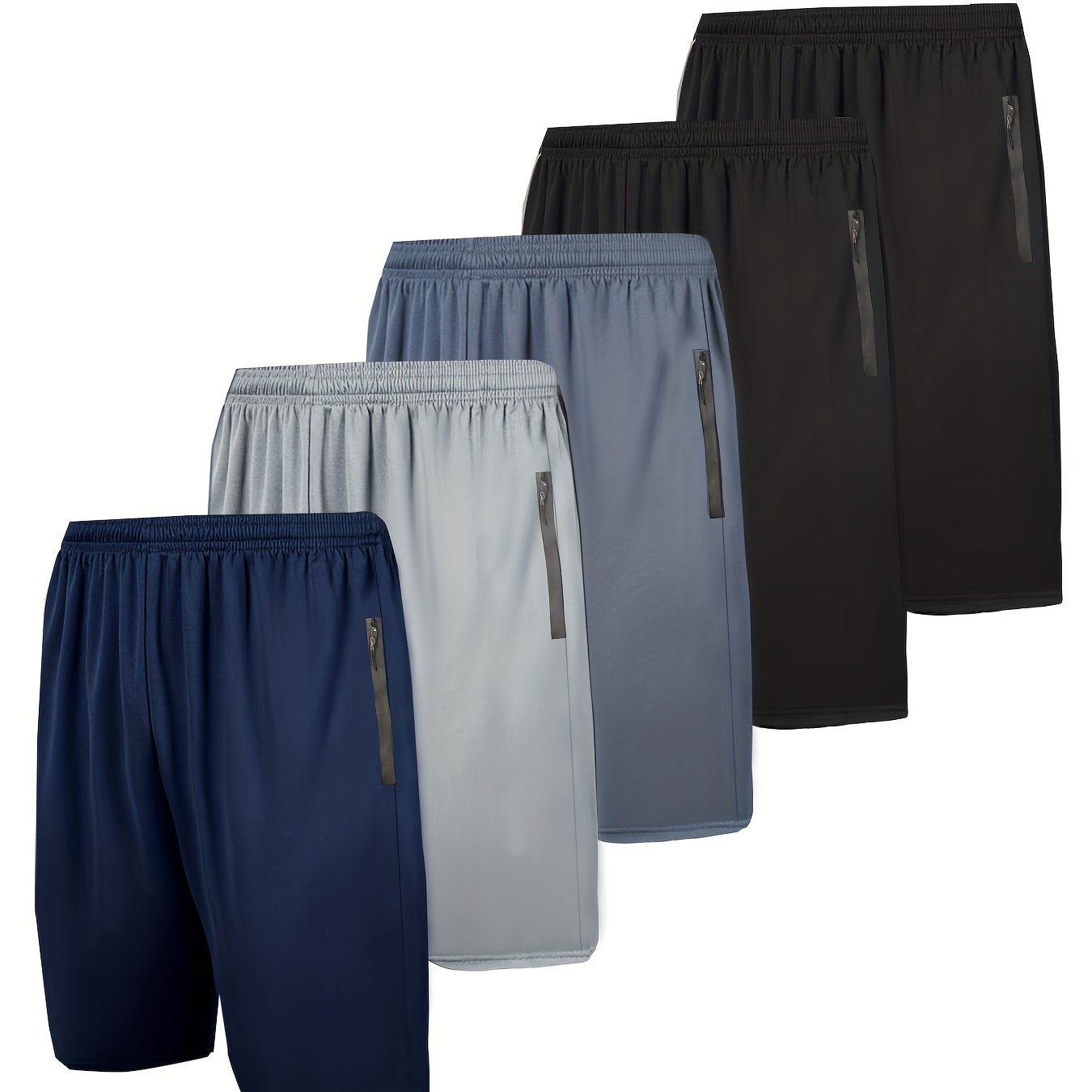 5pcs Men's Polyester Sports Shorts, Loose Fit with Zip Pockets,, Quick Dry