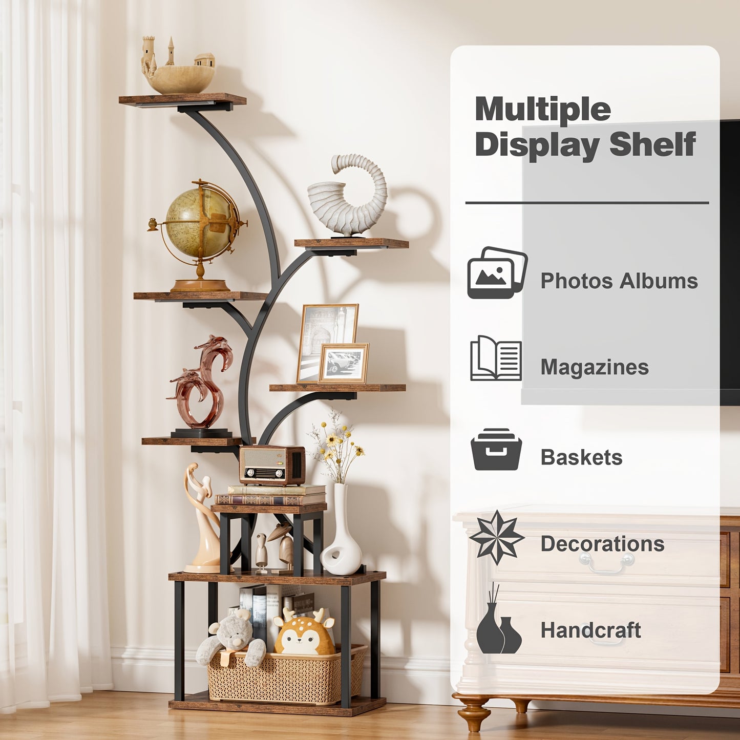 8 Tier Corner Shelf 6'2' tall oak and Metal Material LED Light, Multifunctional Storage Rack