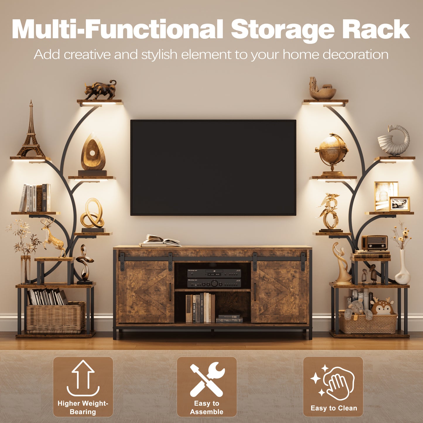 8 Tier Corner Shelf 6'2' tall oak and Metal Material LED Light, Multifunctional Storage Rack