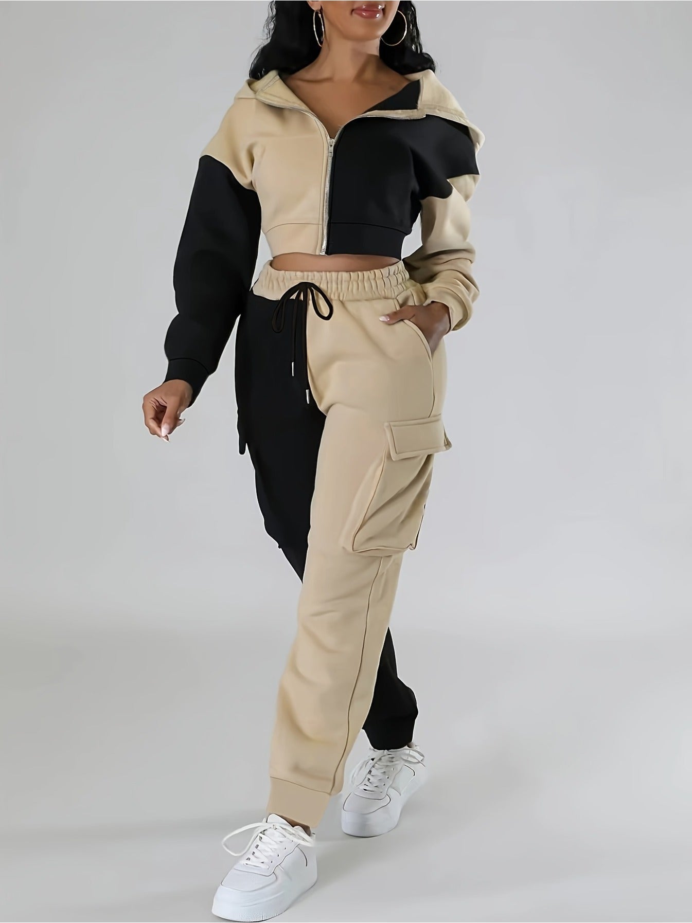Women's Casual Knitwear Set - Color Block Hoodie & Drawstring Pants, Machine Washable