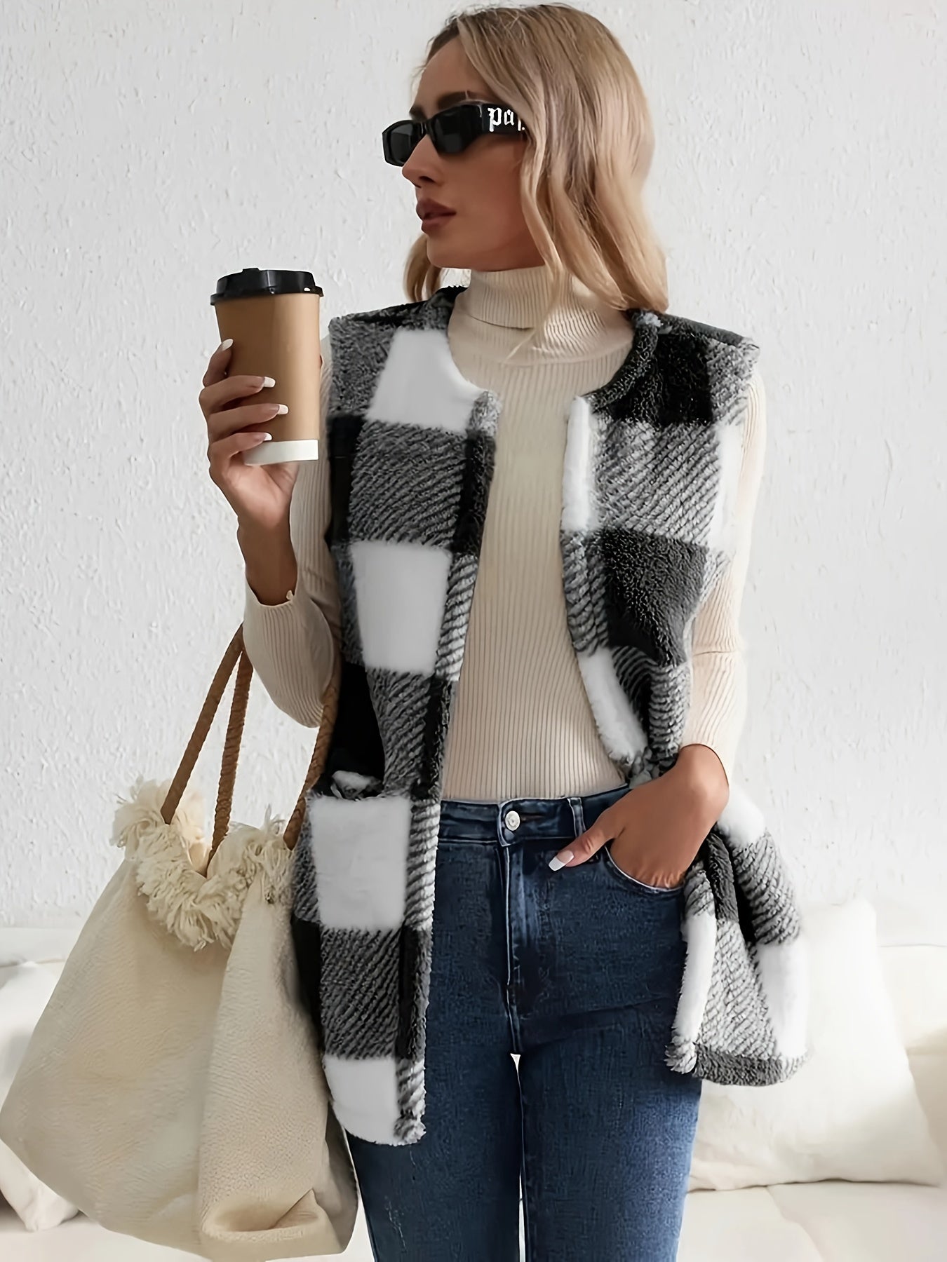 Soft Plaid Cozy Vest - Sleeveless, Open Front Design for Fall and Winter .