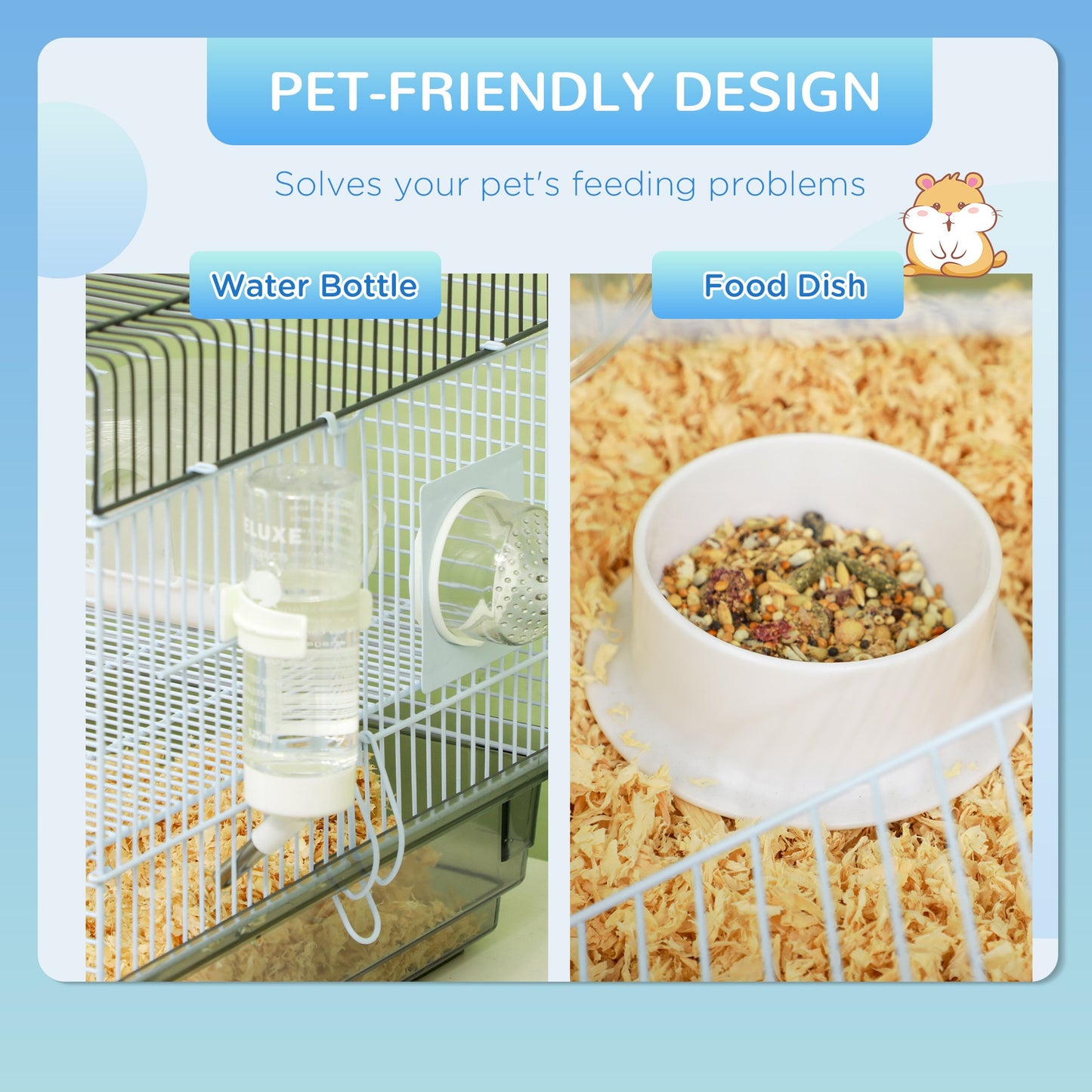 Hamster Cage, 2 Levels Gerbil Cage, Small Animal Cage with Tubes and Tunnels and Exercise Wheel.