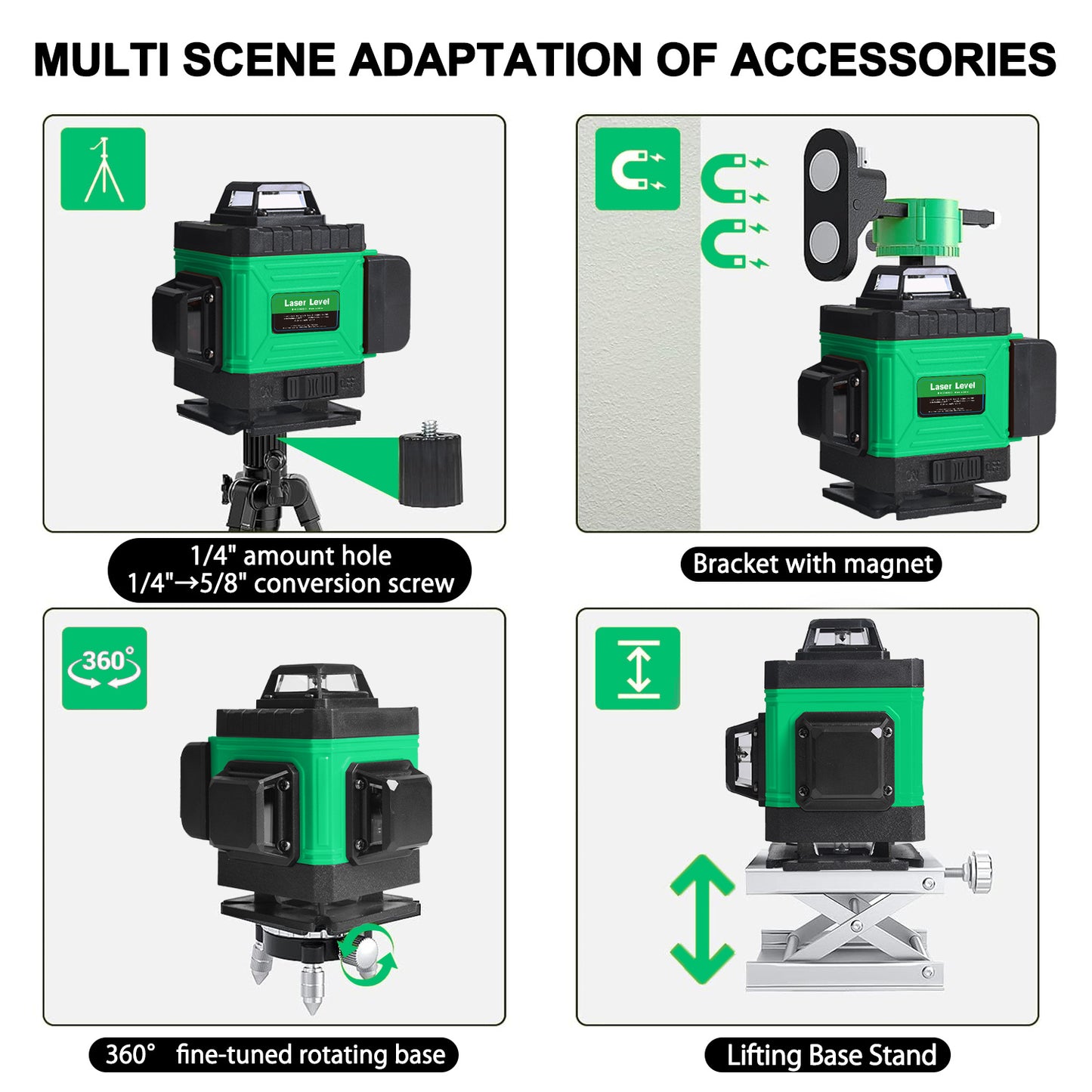 4D Green Laser Level with Self-Leveling, 360° Rotary Cross Lines, Dual Batteries, Remote Control