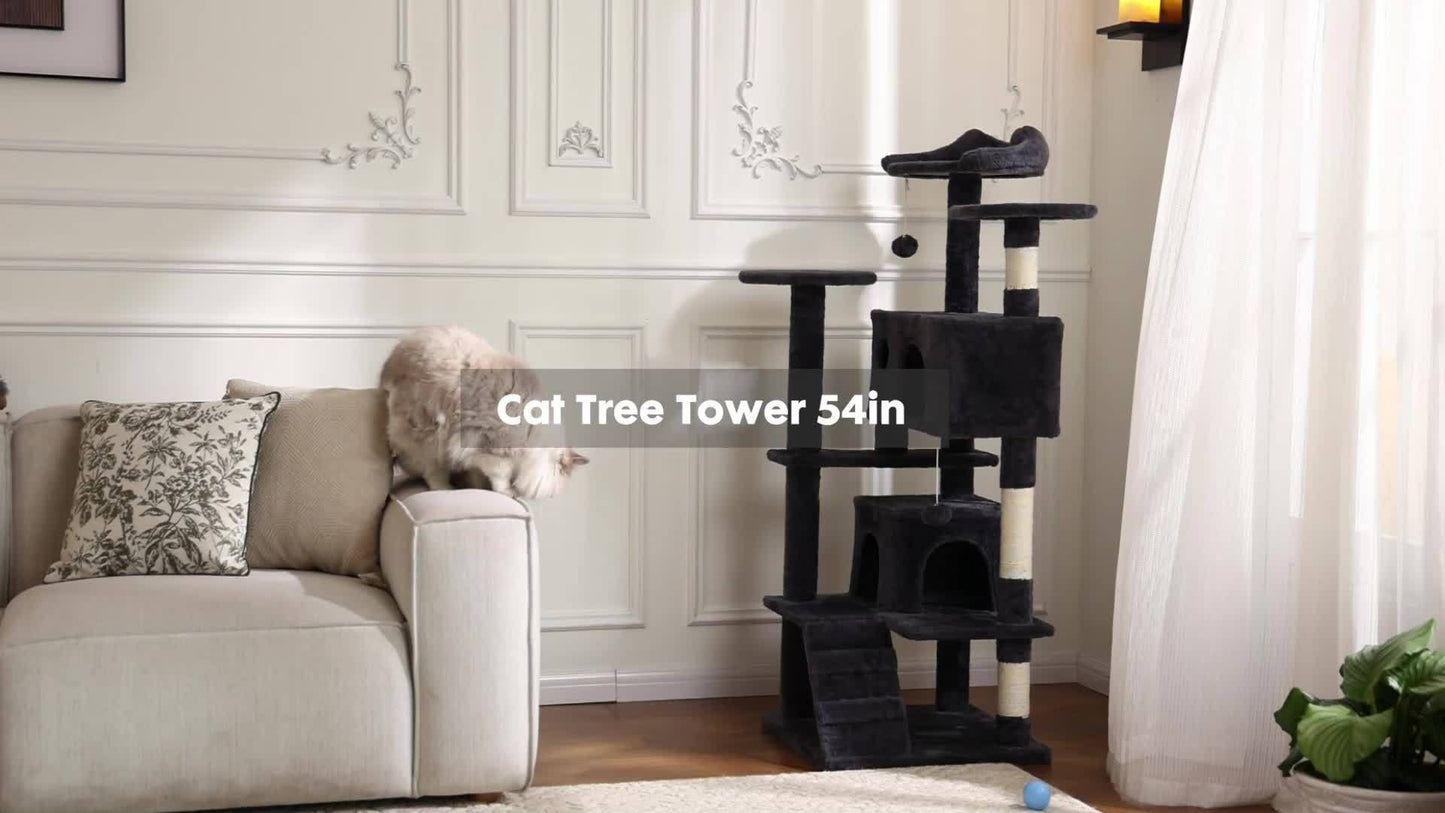 54in Cat Tree Tower, Multi-Level Plush Pet Furniture Large Condo, Climbing Ladder, Rest with Anti-tilt Device