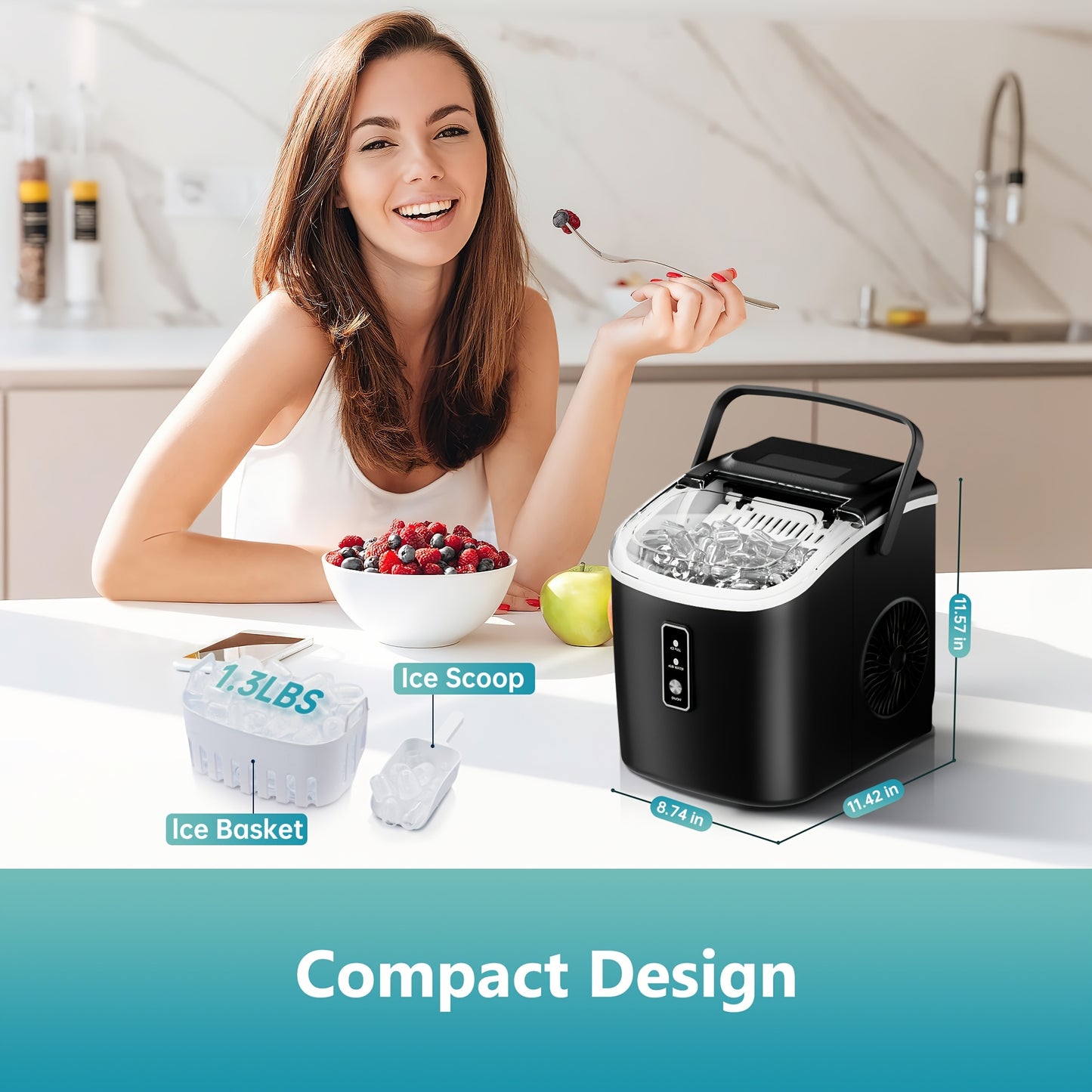 Countertop Ice Maker Machine with Handle, 26.5lbs/24H Capacity,