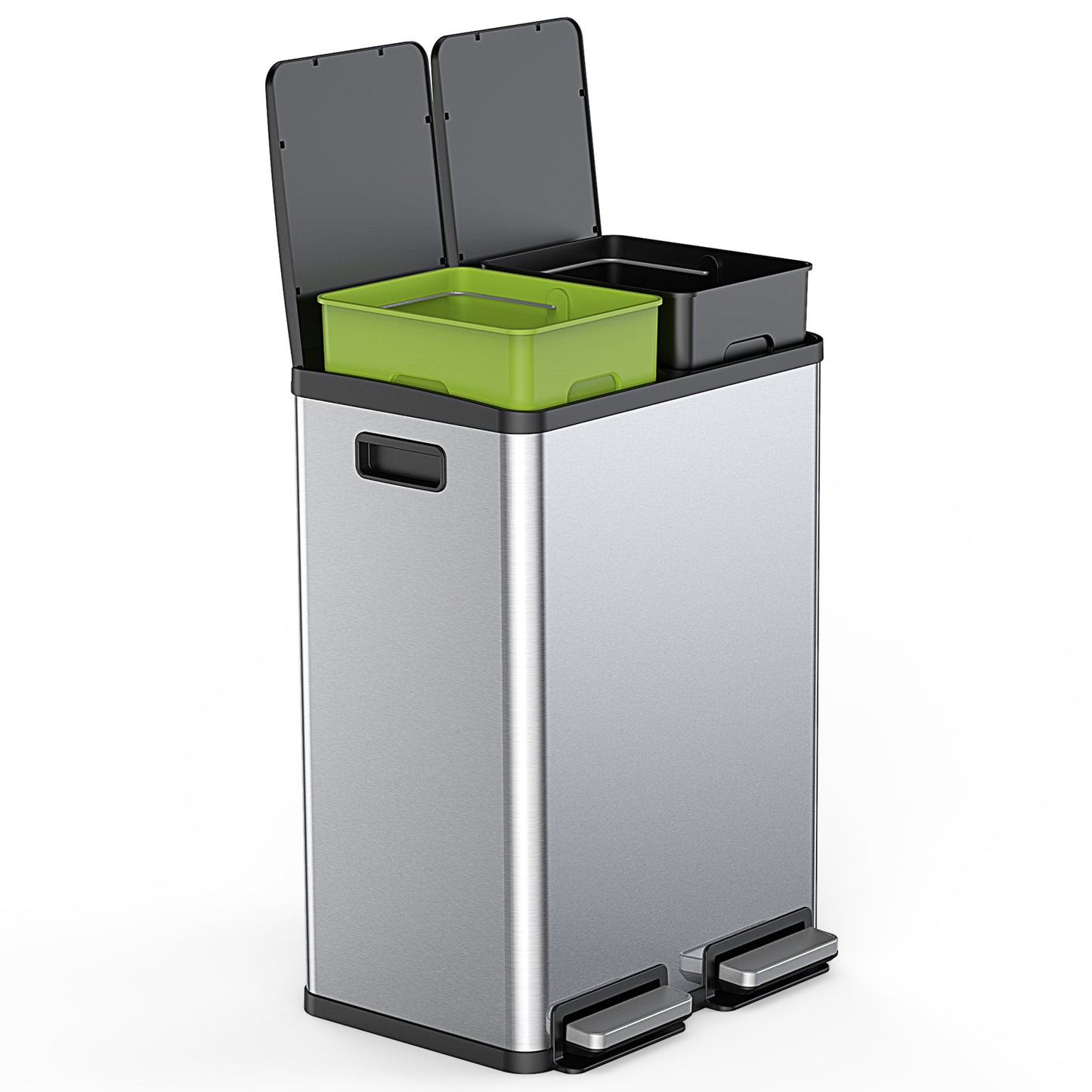 60L Trash Can with Lid, Silver Modern Kitchen Trash Can with Recycling Ladder