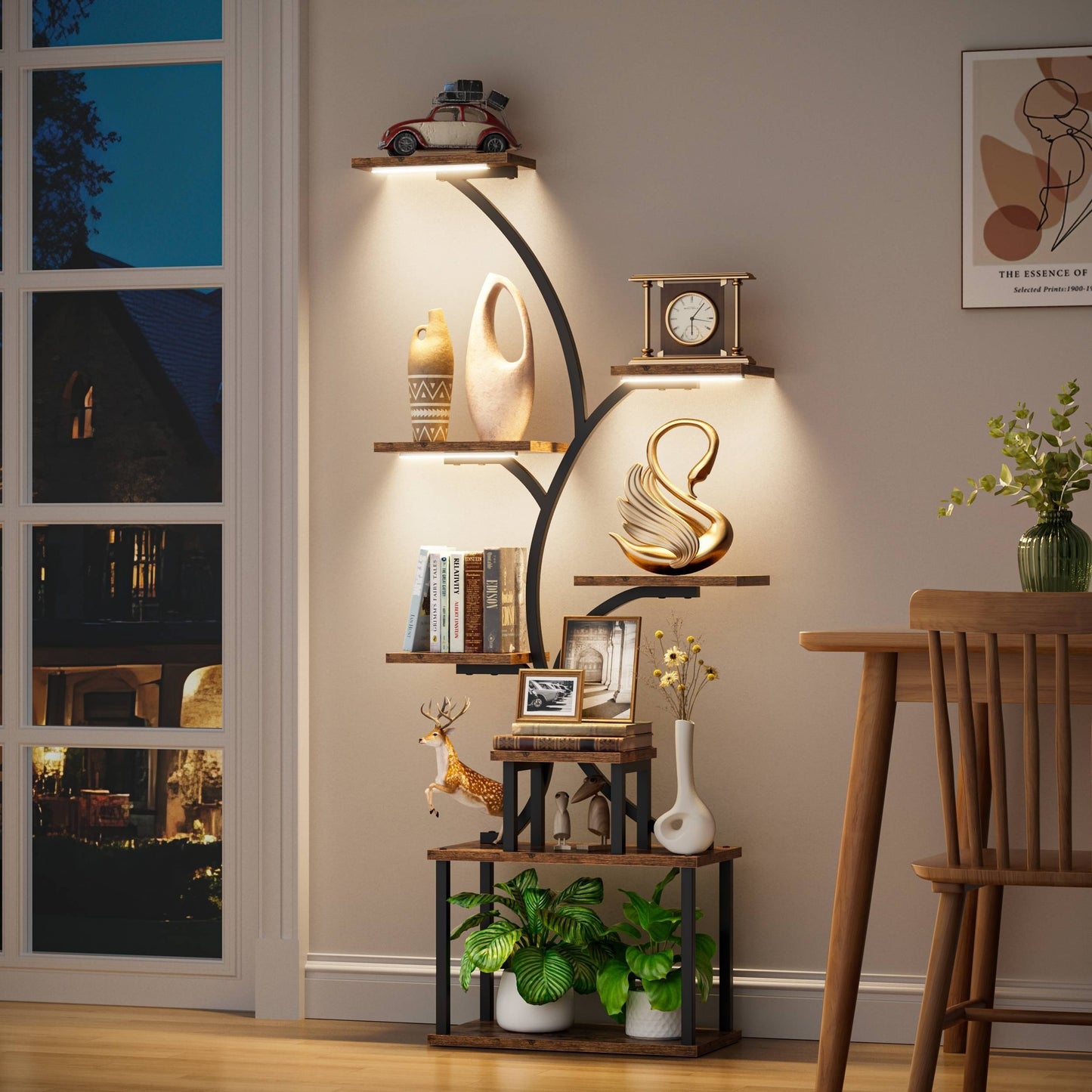 8 Tier Corner Shelf 6'2' tall oak and Metal Material LED Light, Multifunctional Storage Rack