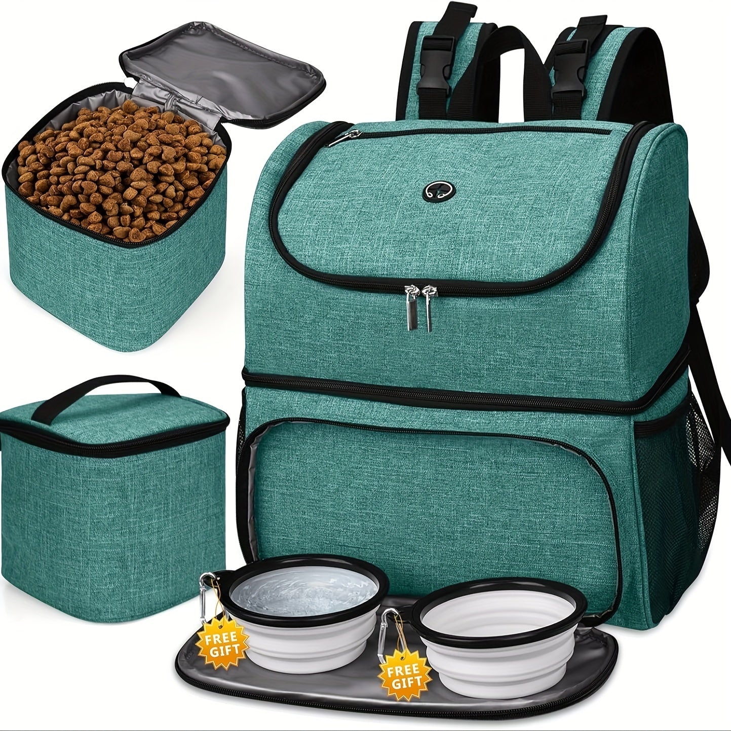 Pet Travel Bag, Double-Layer Backpack Pet With 2 Silicone Collapsible Bowls And 2 Food Baskets