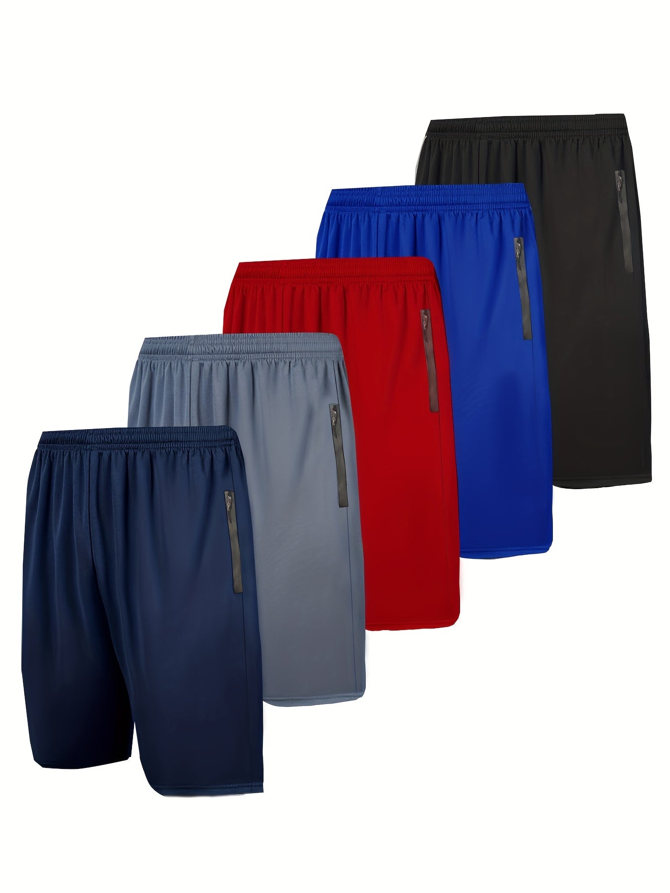5pcs Men's Polyester Sports Shorts, Loose Fit with Zip Pockets,, Quick Dry