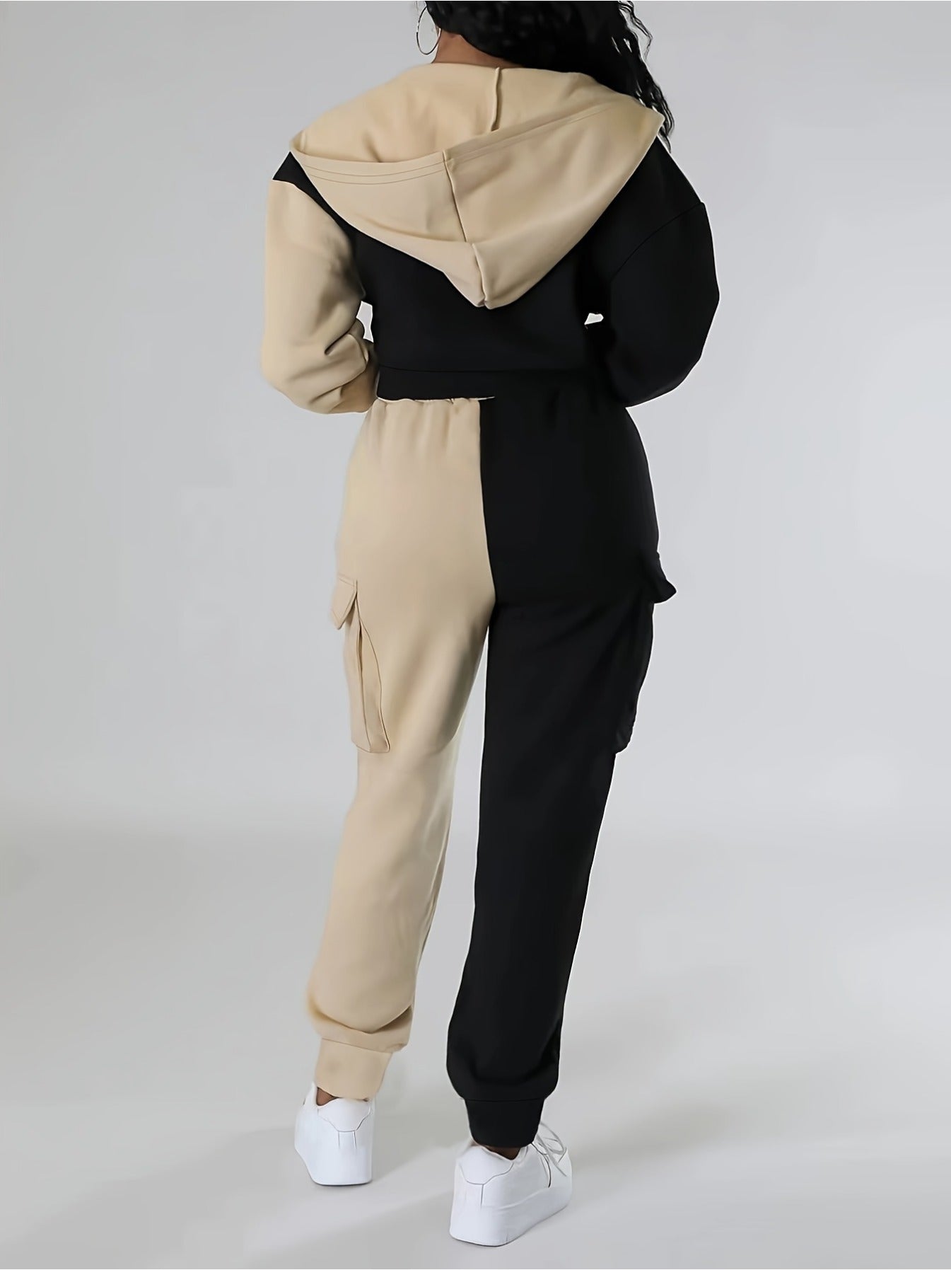 Women's Casual Knitwear Set - Color Block Hoodie & Drawstring Pants, Machine Washable