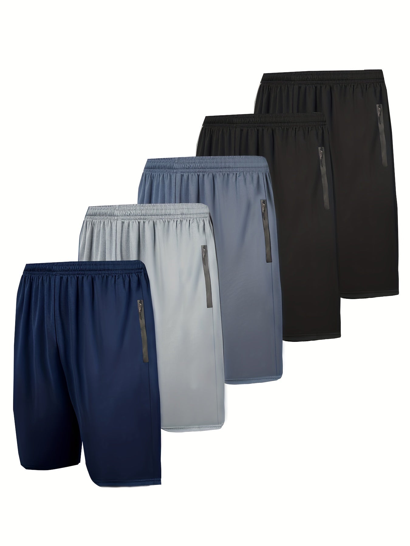 5pcs Men's Polyester Sports Shorts, Loose Fit with Zip Pockets,, Quick Dry