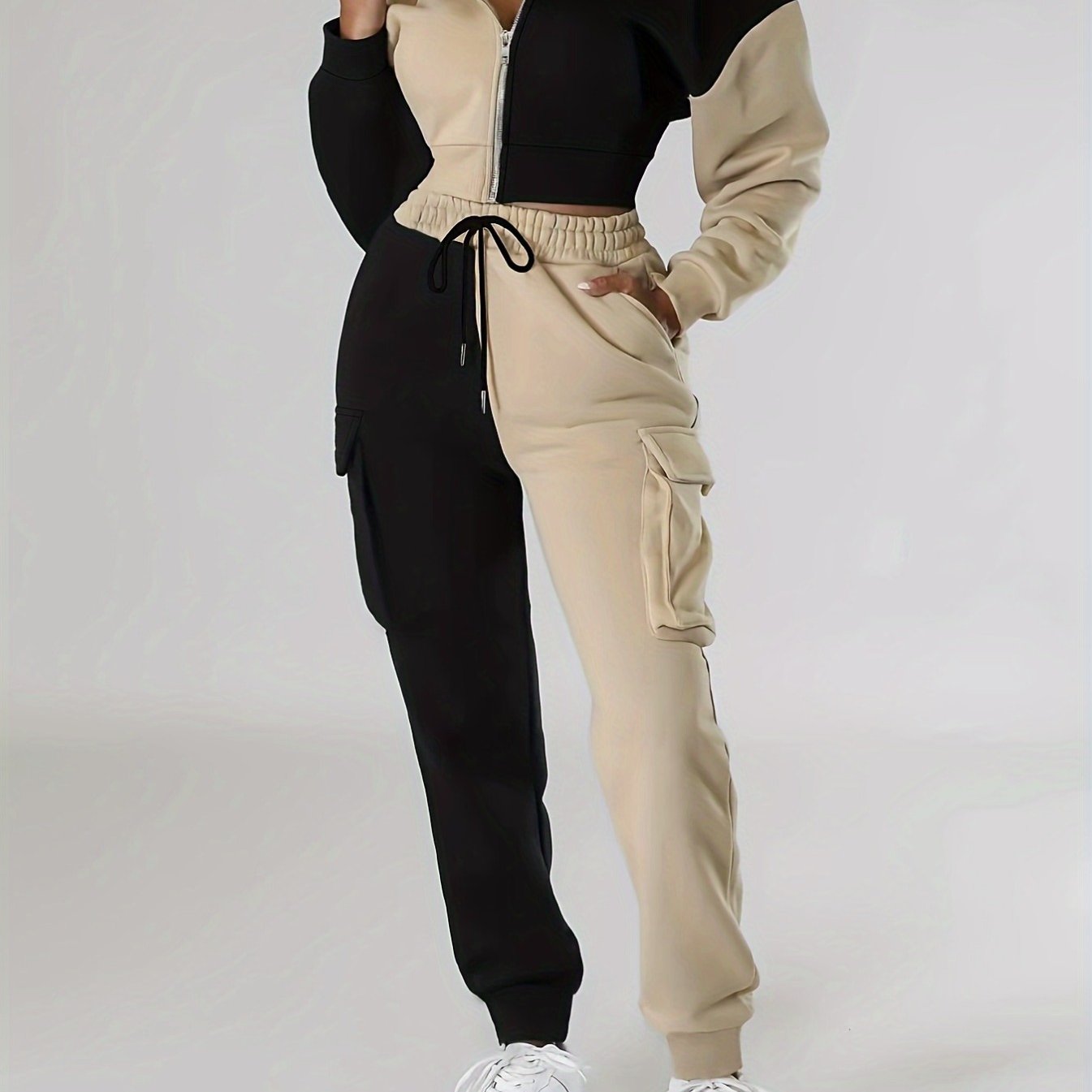 Women's Casual Knitwear Set - Color Block Hoodie & Drawstring Pants, Machine Washable