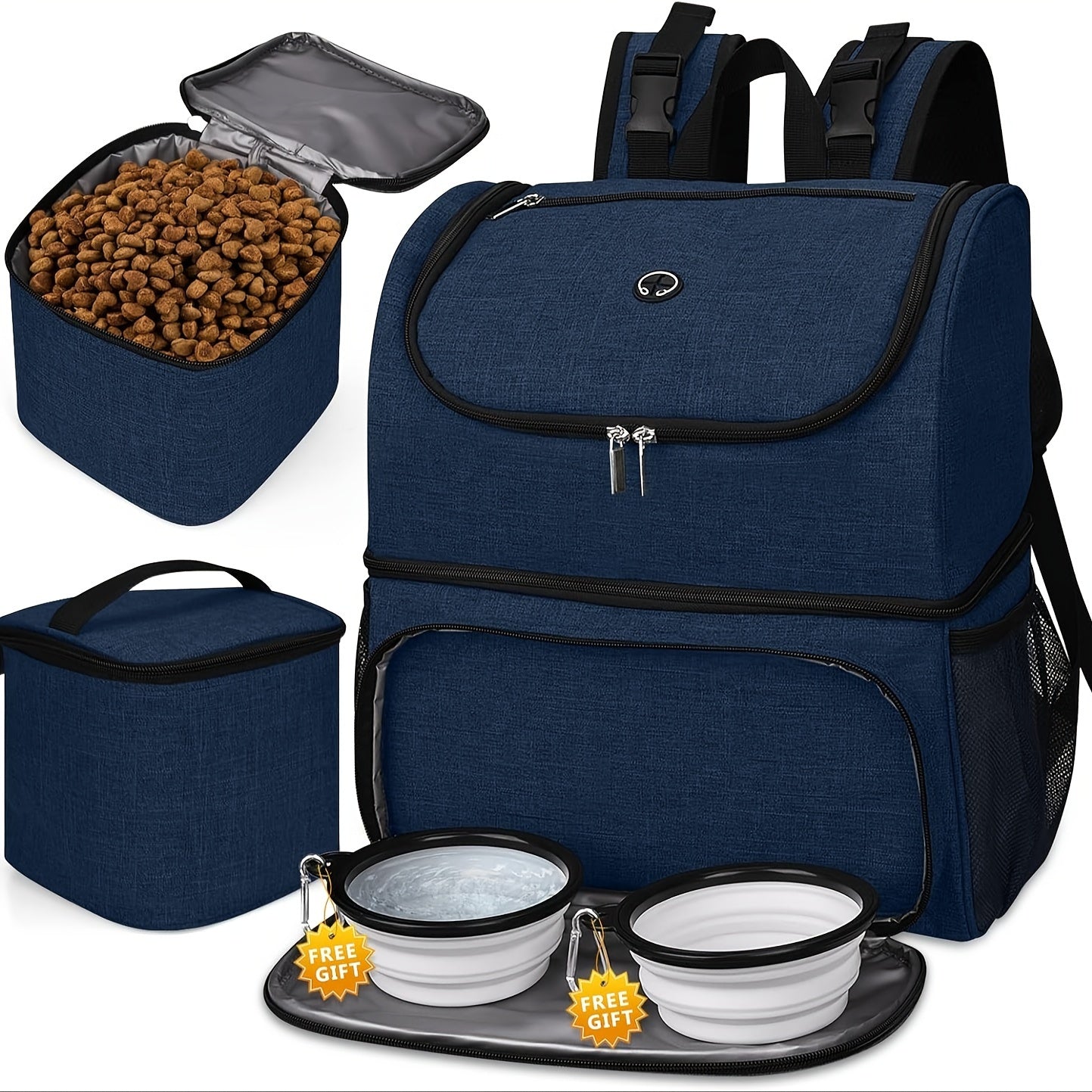 Pet Travel Bag, Double-Layer Backpack Pet With 2 Silicone Collapsible Bowls And 2 Food Baskets