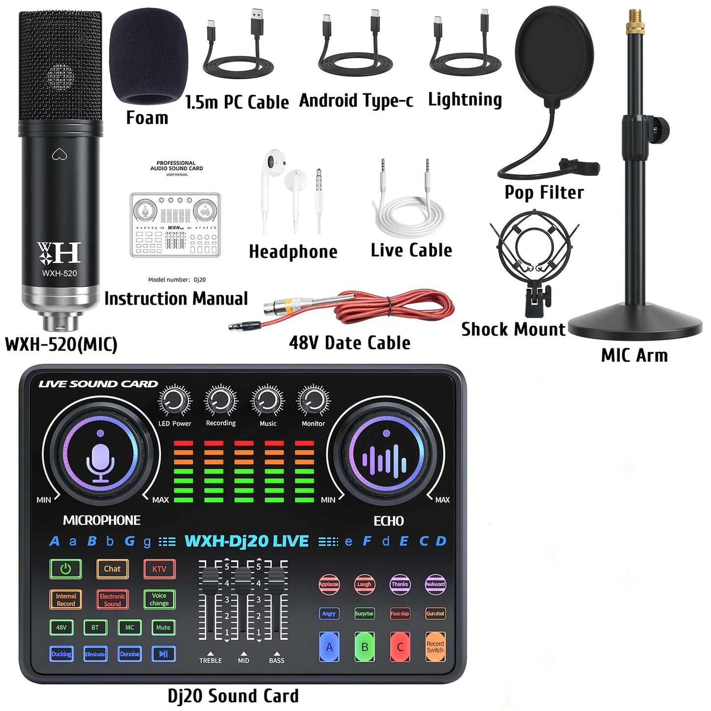 Large Diaphragm Condenser Microphone Bundle: Premium XLR Podcast with Live Sound Card for Studio Recording & Broadcasting