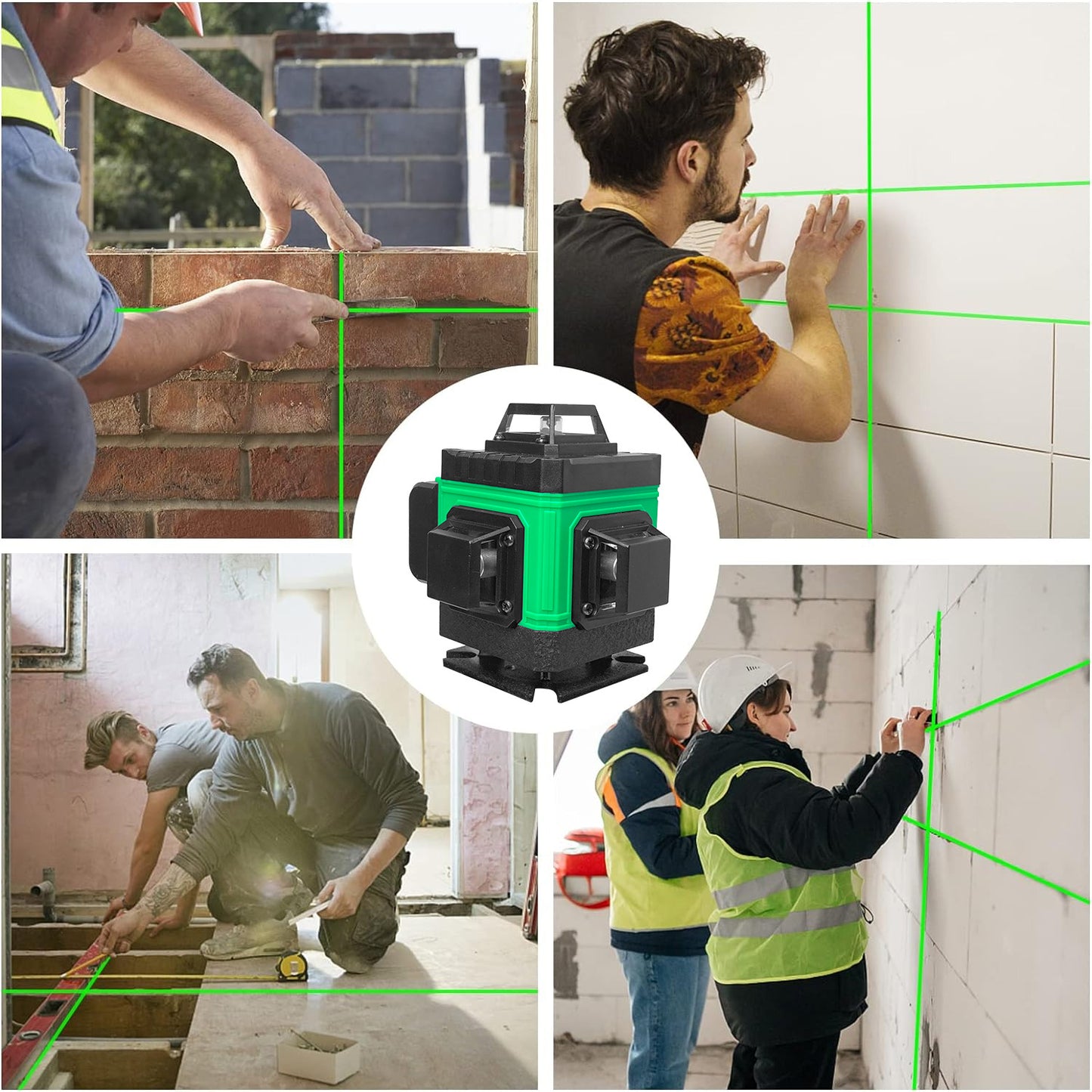 4D Green Laser Level with Self-Leveling, 360° Rotary Cross Lines, Dual Batteries, Remote Control