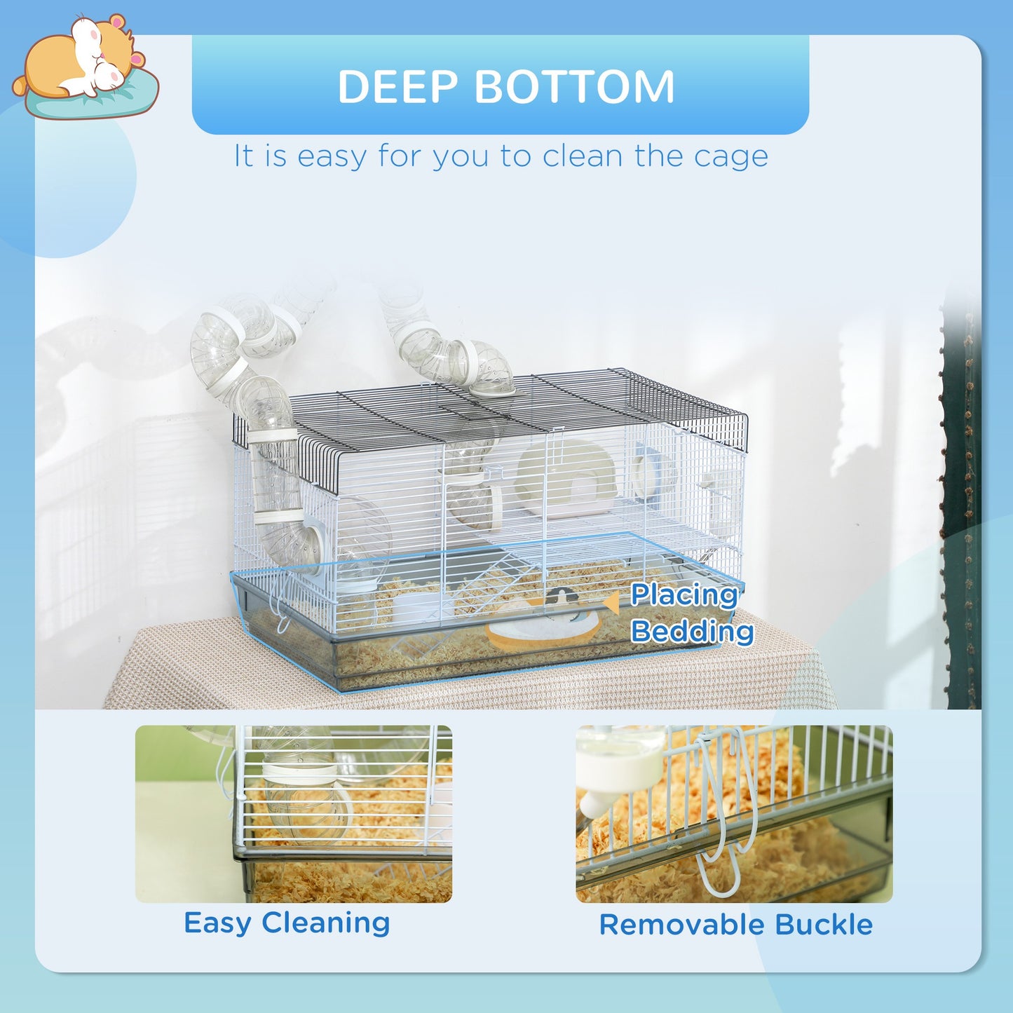Hamster Cage, 2 Levels Gerbil Cage, Small Animal Cage with Tubes and Tunnels and Exercise Wheel.
